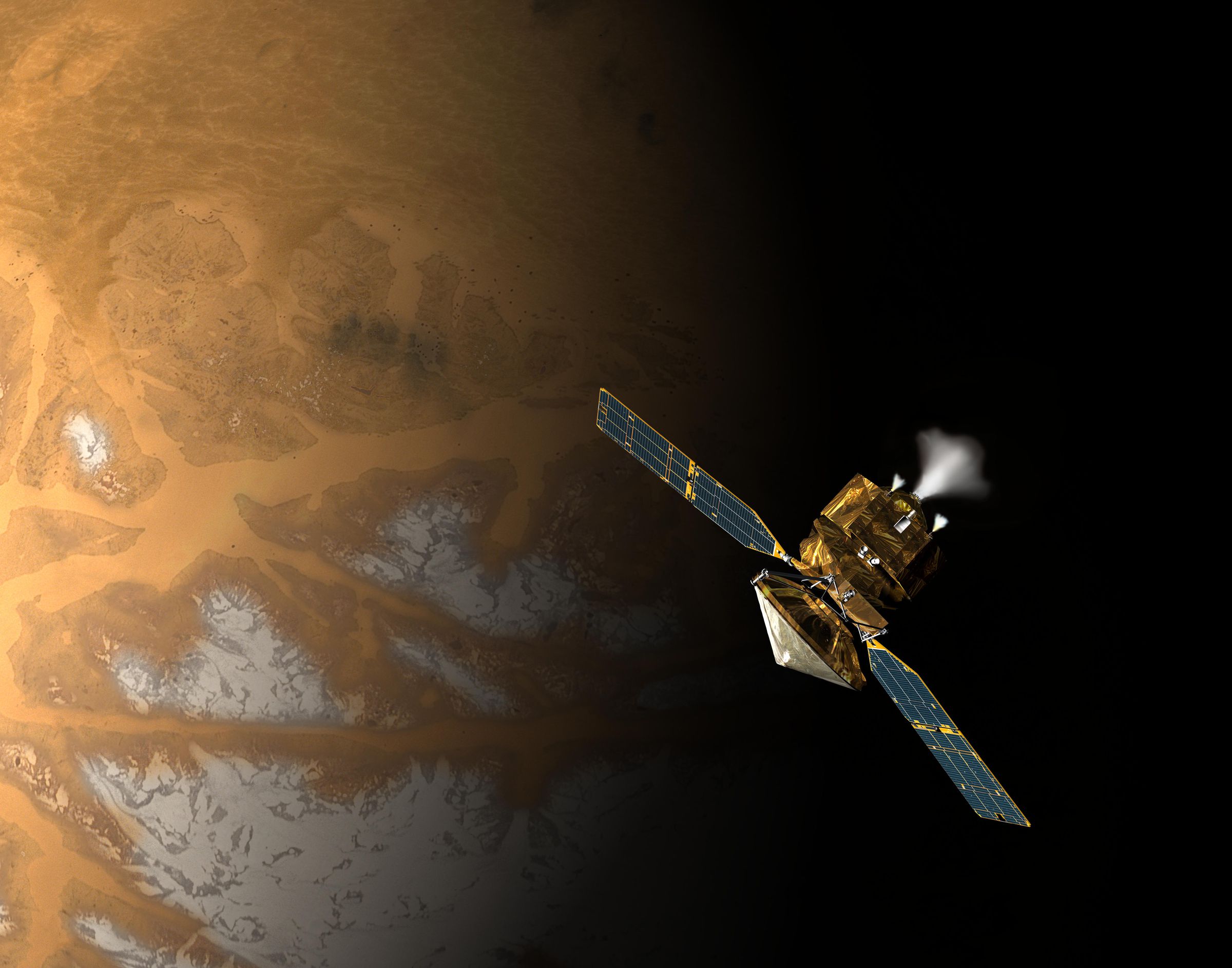 A rendering of NASA’s Mars Reconnaissance Orbiter, inserting itself into orbit.