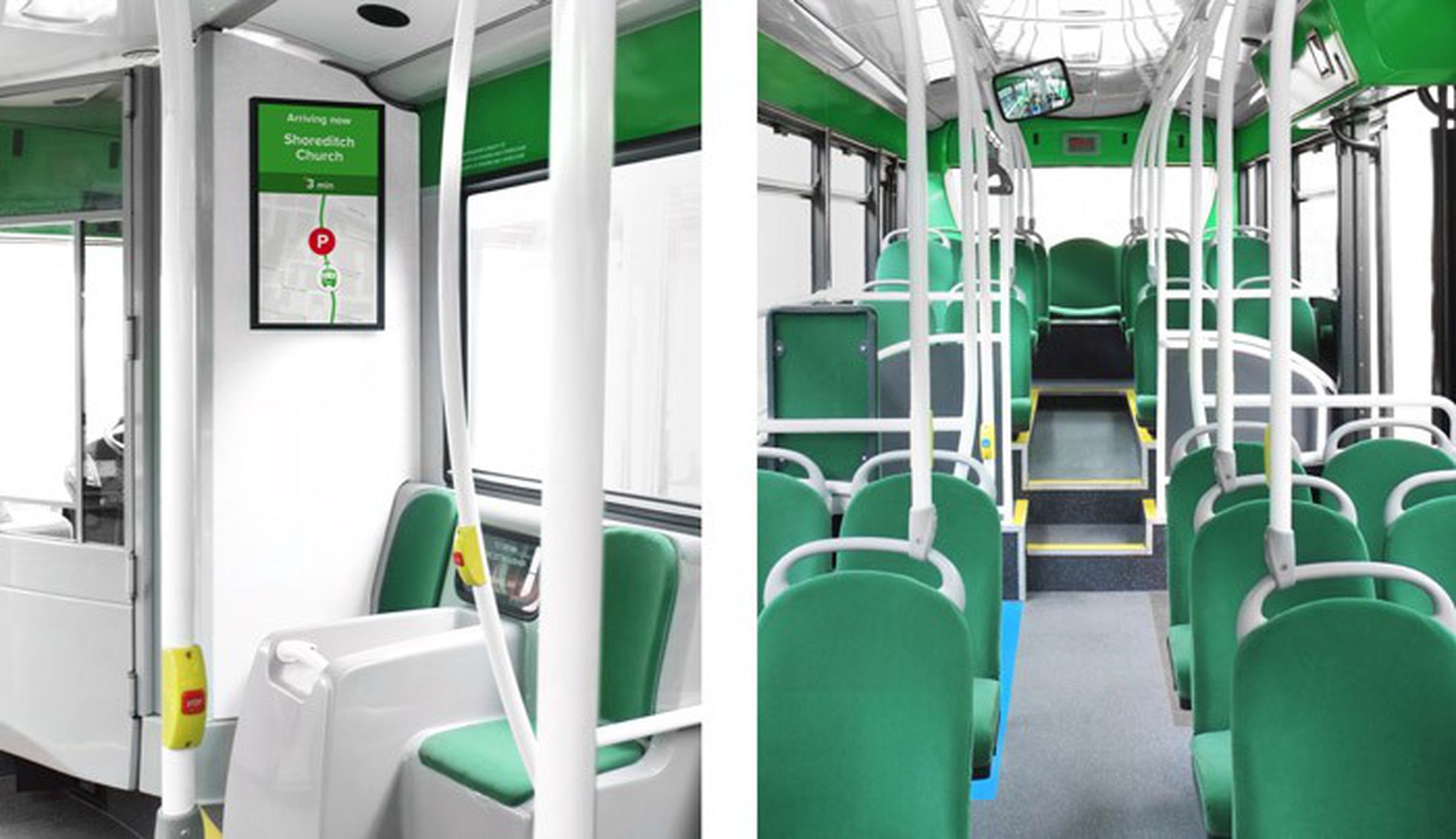 The interior of Citymapper’s buses match the app’s green theme. 
