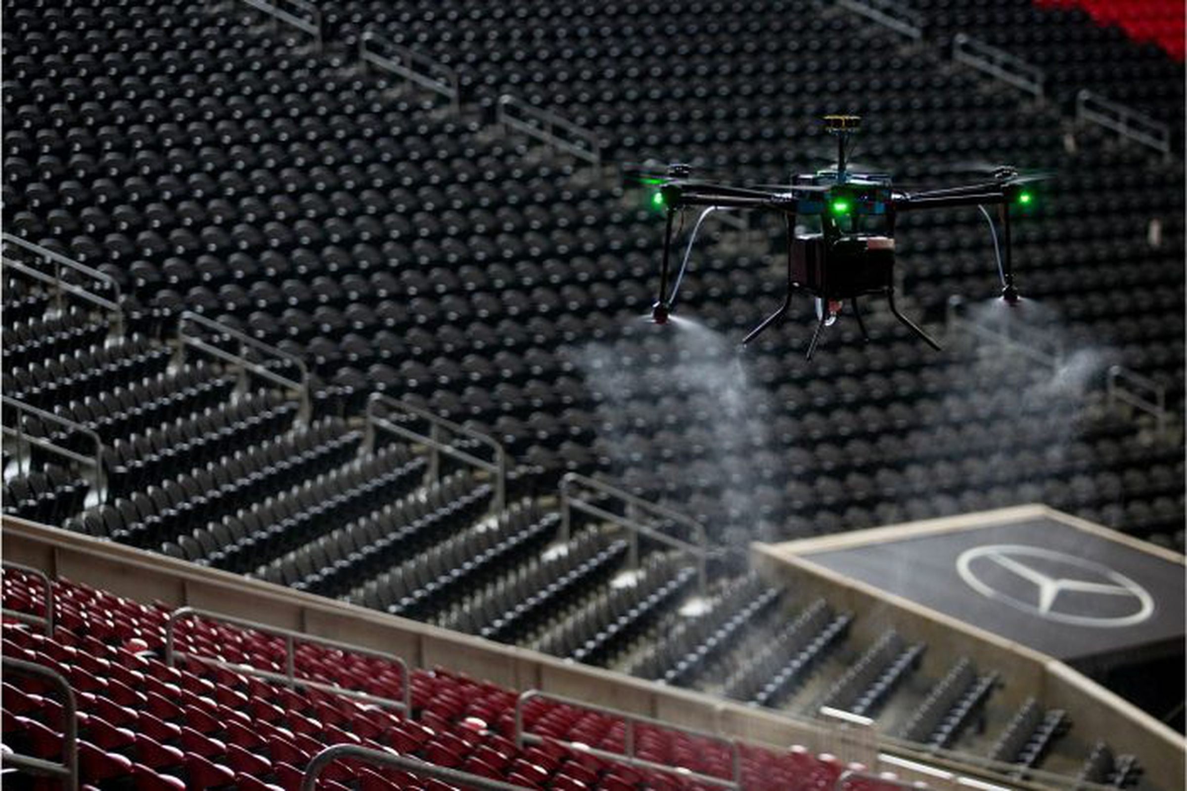 The drones will spray seating areas, handrails, and glass partitions.