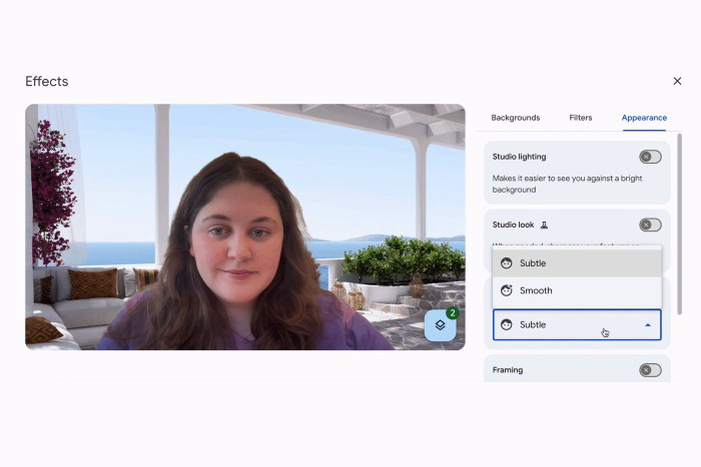 A screenshot showing Google Meet’s portrait touch-up feature