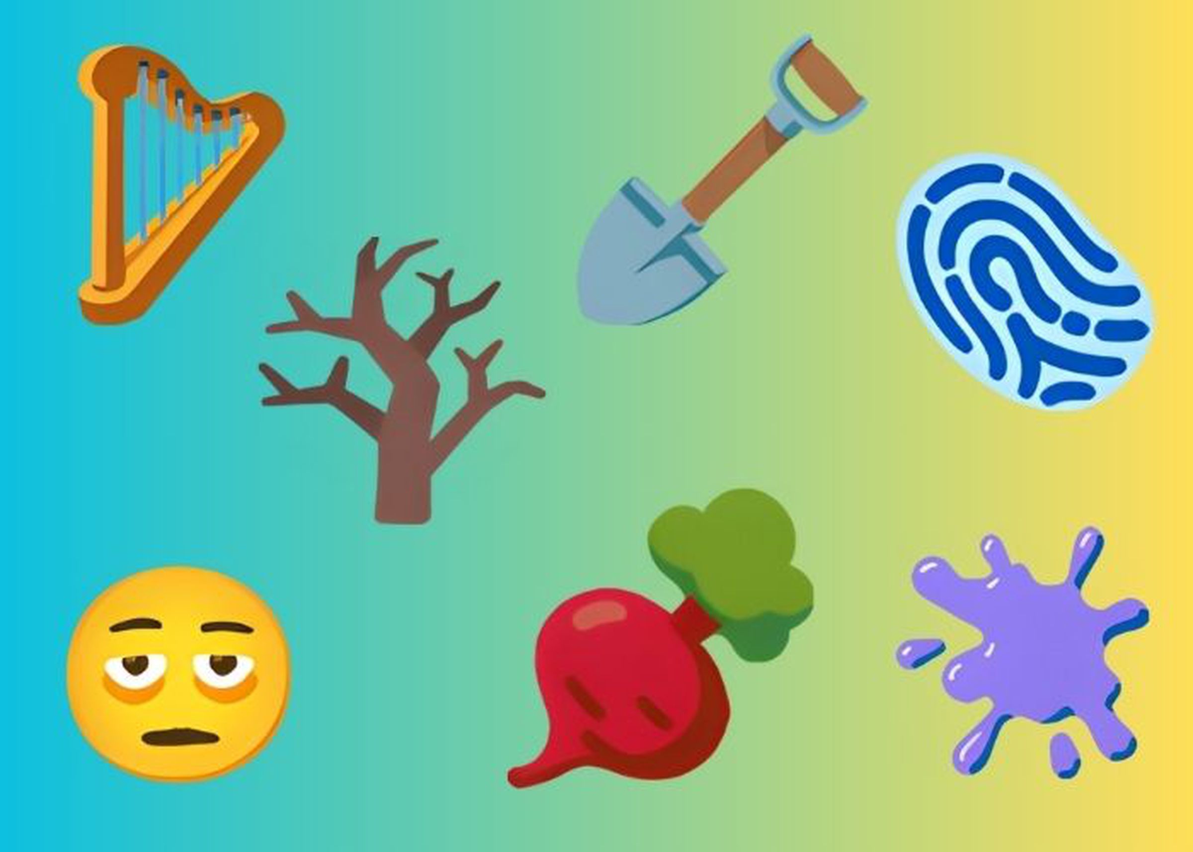 Seven new emojis coming to iOS: A face with eye bags, a leafless tree, a harp, a root vegetable, a fingerprint, a shovel, and a splat of color.