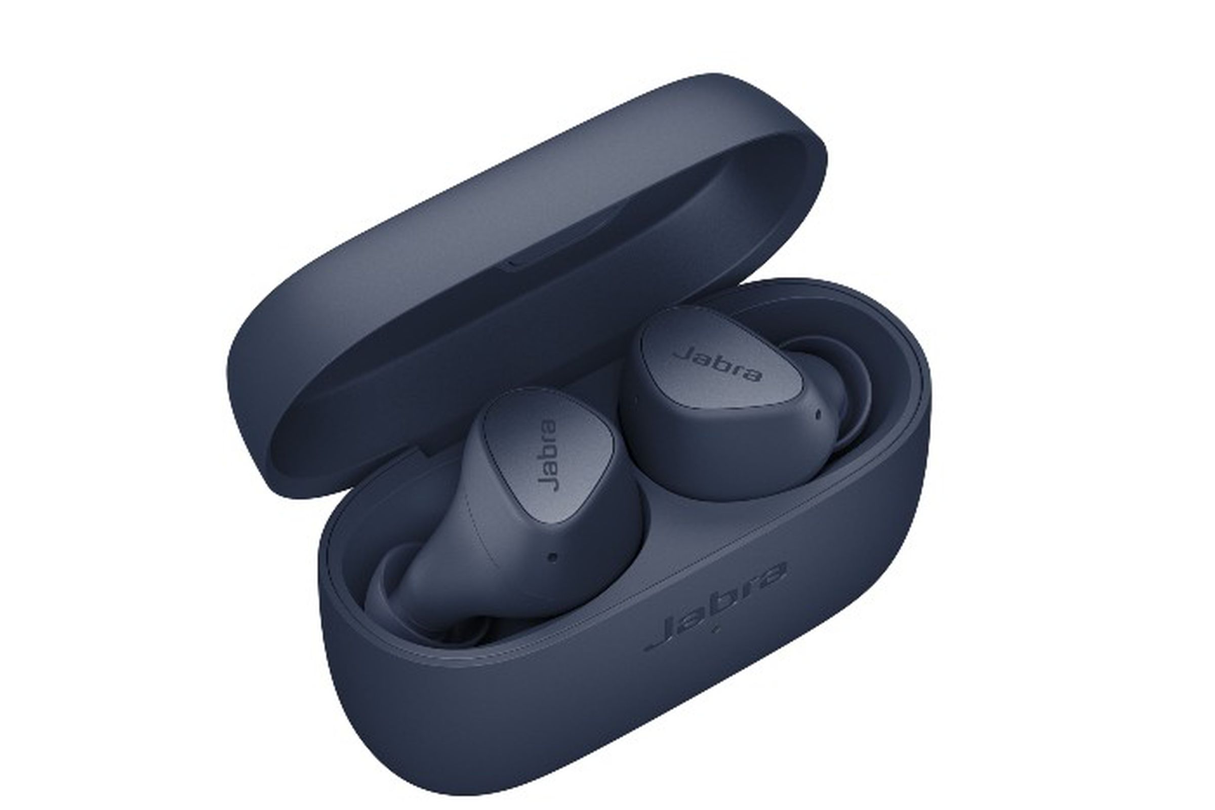 An image showing a pair of navy Jabra Elite 4 earbuds in a wireless charging case