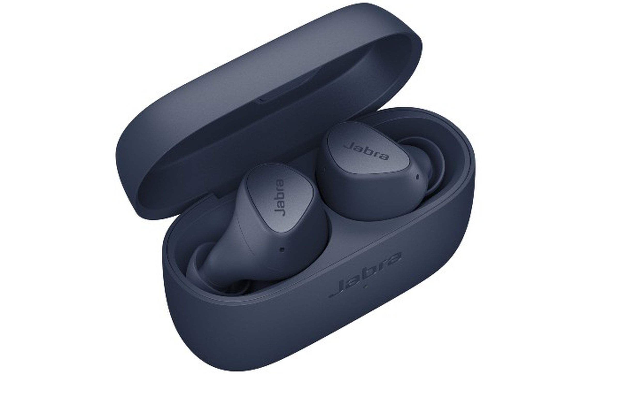 An image showing a pair of navy Jabra Elite 4 earbuds in a wireless charging case