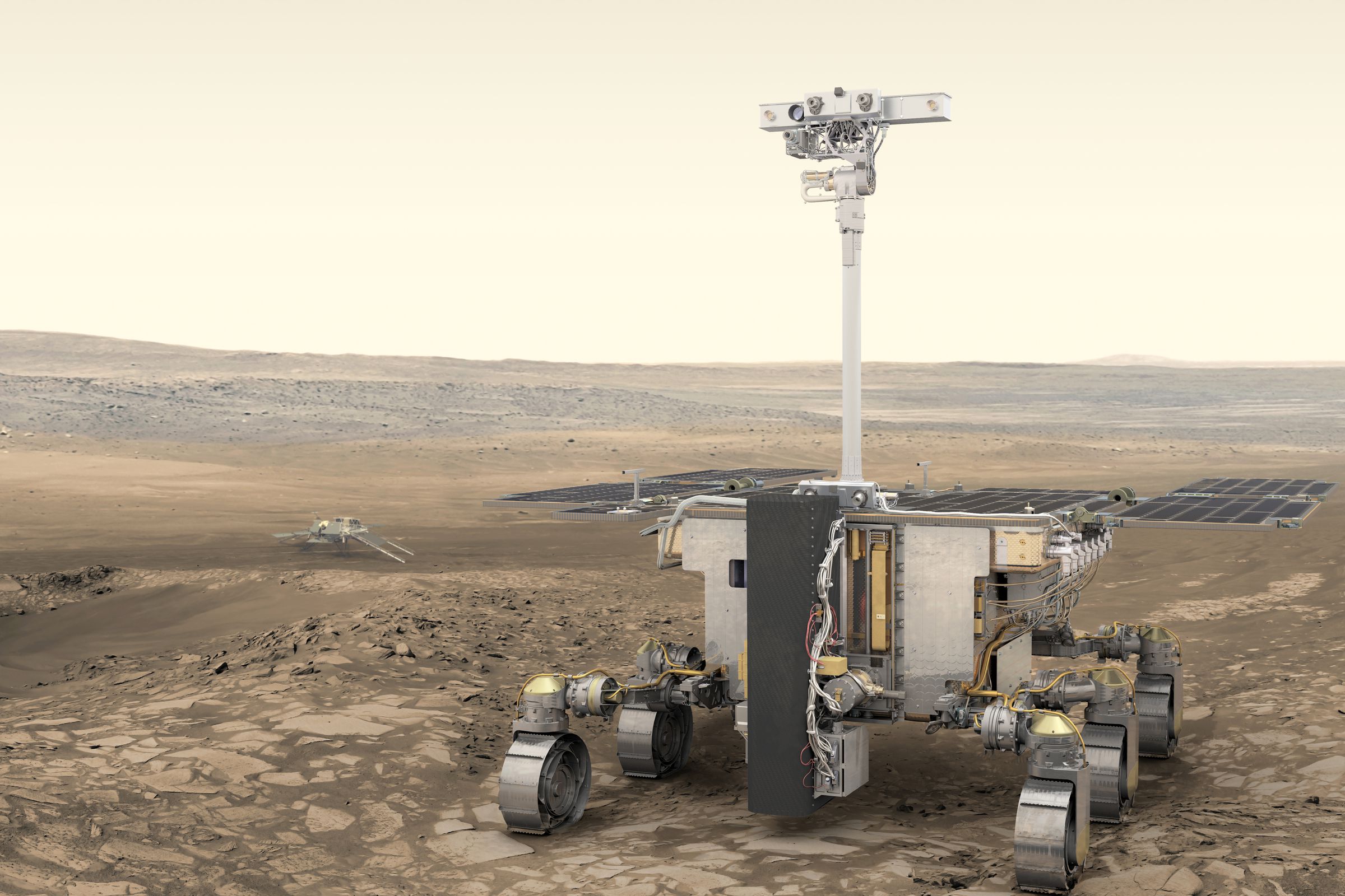 An artistic rendering of the Rosalind Franklin rover on Mars.