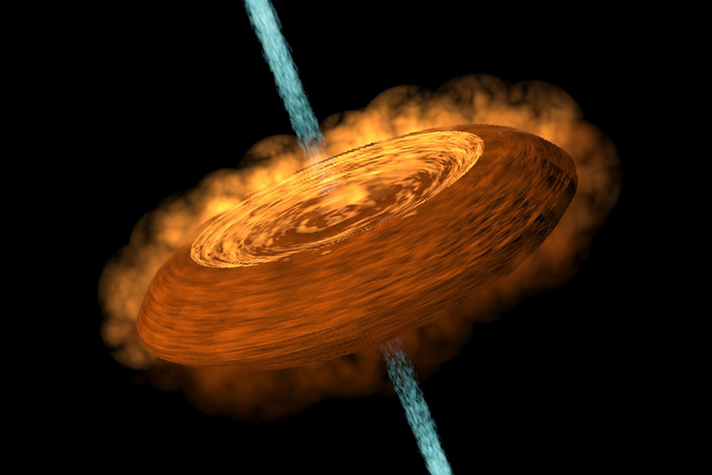 An illustration showing an accretion disc (the ‘space hamburger’) feeding a young star. 