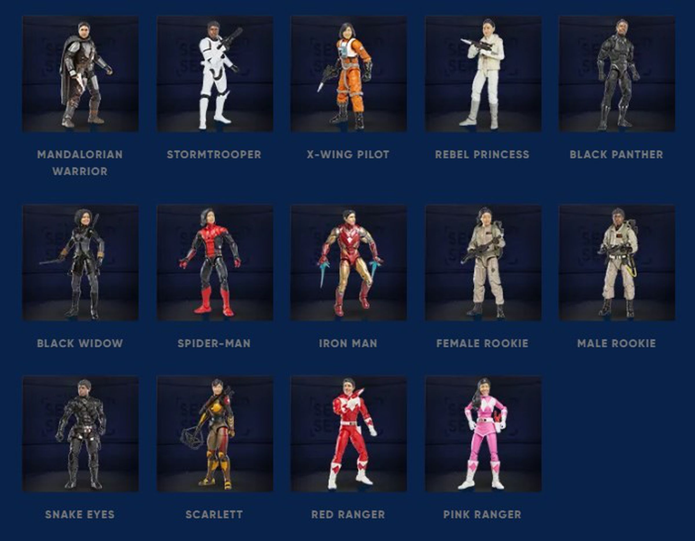 Screenshot of the available figures, including Mandalorian warrior, Stormtrooper, X-Wing pilot, rebel princess, Black Panther, Black Widow, Spider-Man, Iron Man, female rookie, male rookie, Snake Eyes, Scarlett, Red Ranger, and Pink Ranger .