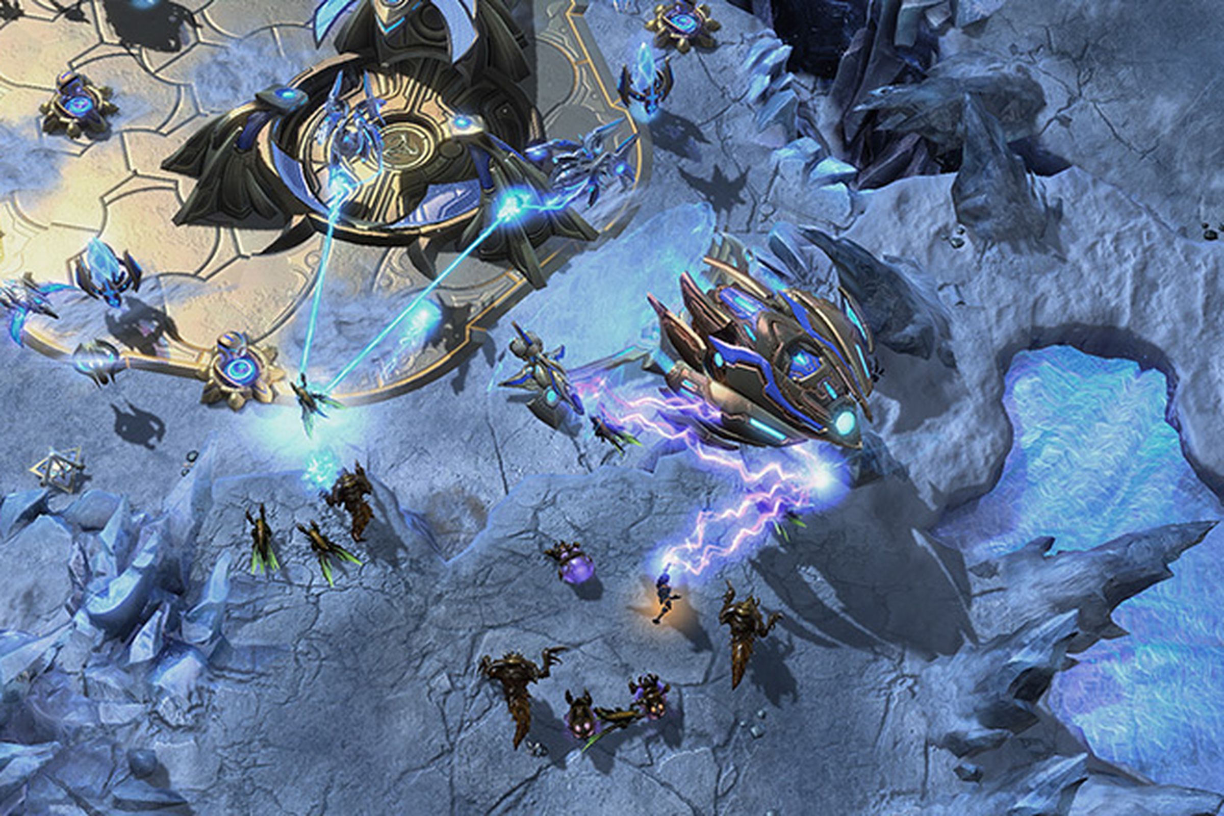 A screenshot of Starcraft II, a real-time strategy game where players control human or alien armies.