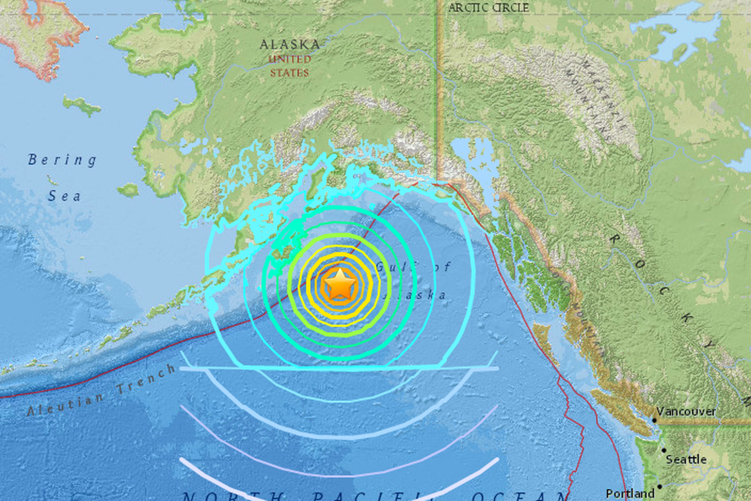 A map showing the location of last night’s magnitude 7.9 earthquake in the Gulf of Alaska.