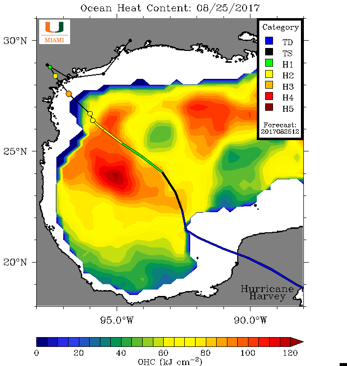 Satellite image of the warm ocean eddy that fueled Hurricane Harvey.