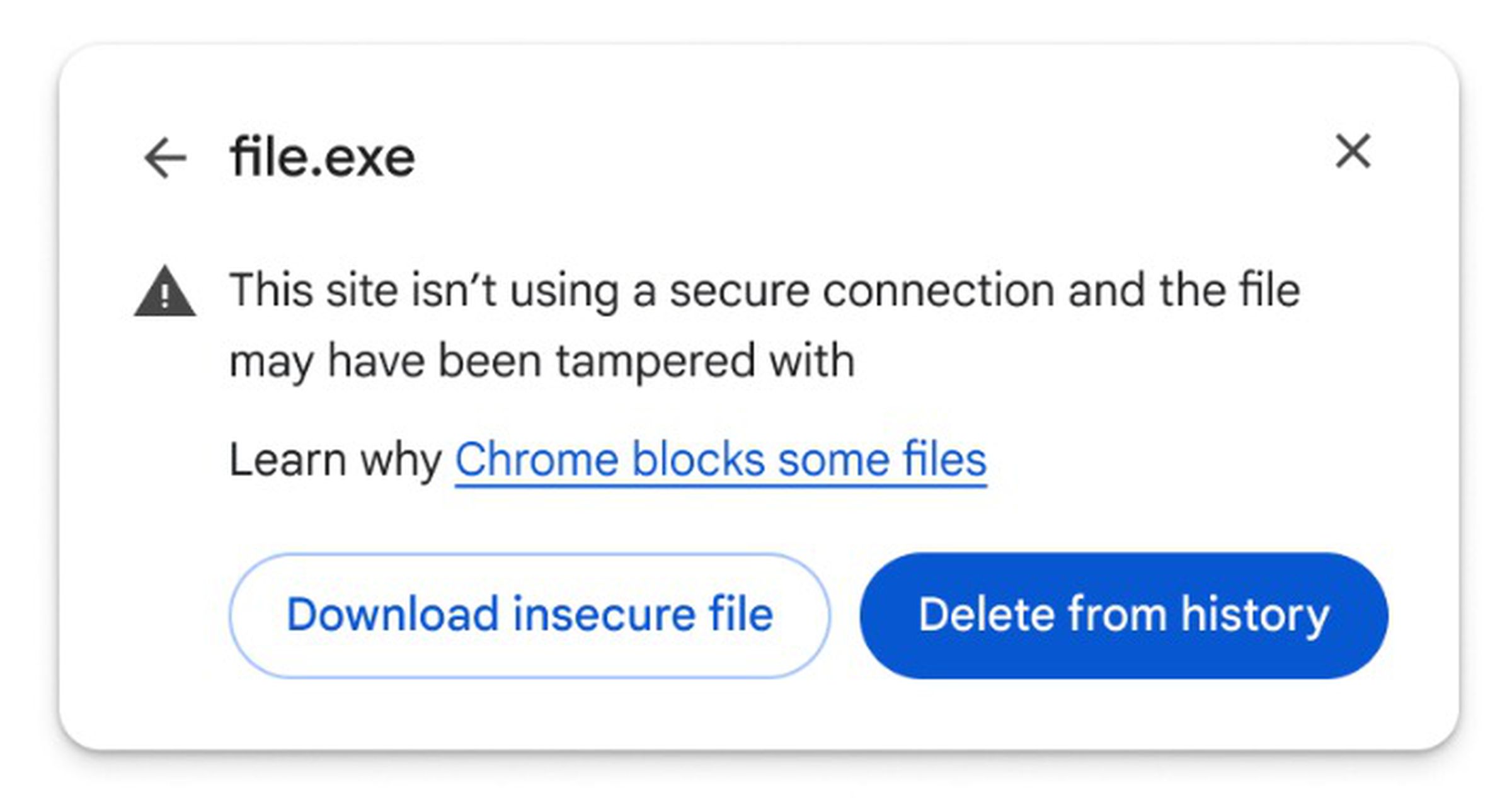 A screenshot of a new warning in Chrome about downloading insecure files.