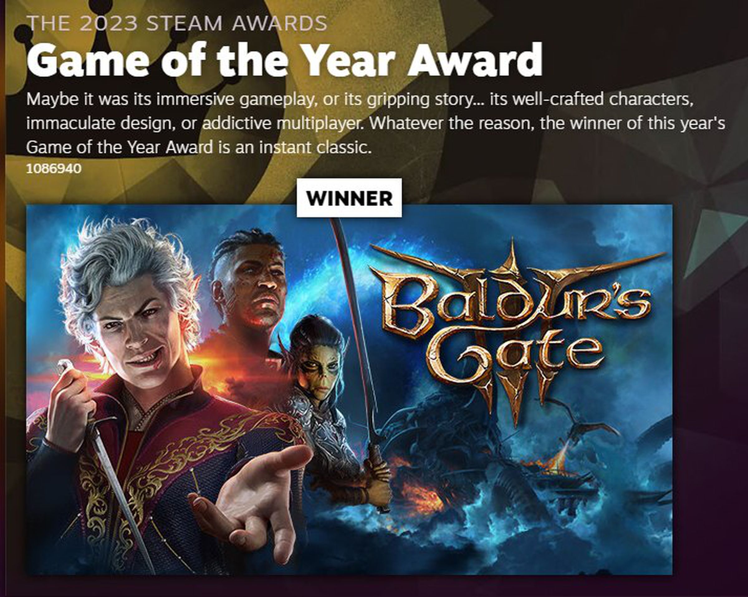 Game of the Year Award winner Baldur’s Gate featured on Steam.