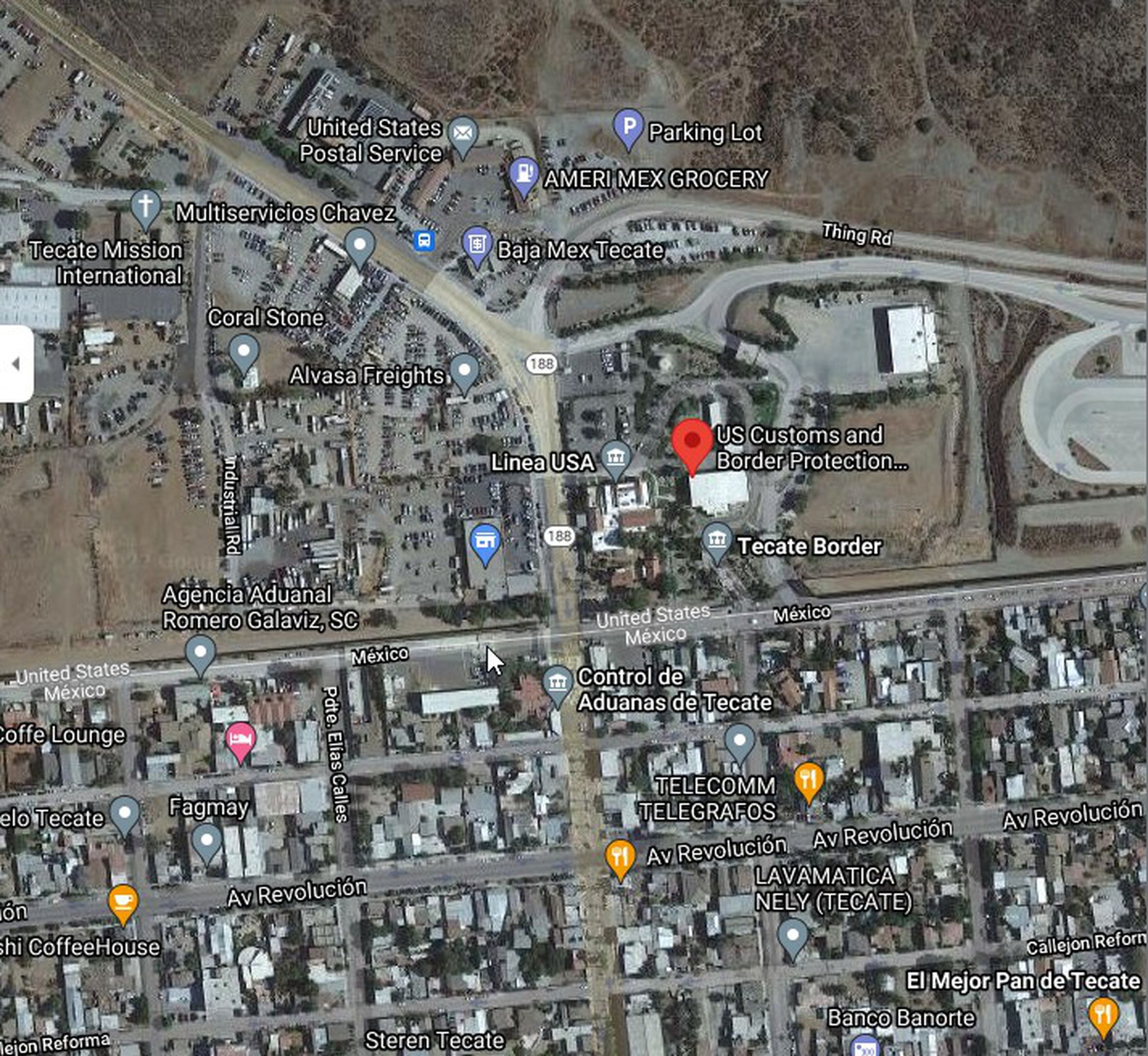 The drone landed in one of the parking lots visible here, just north of the Tecate border.