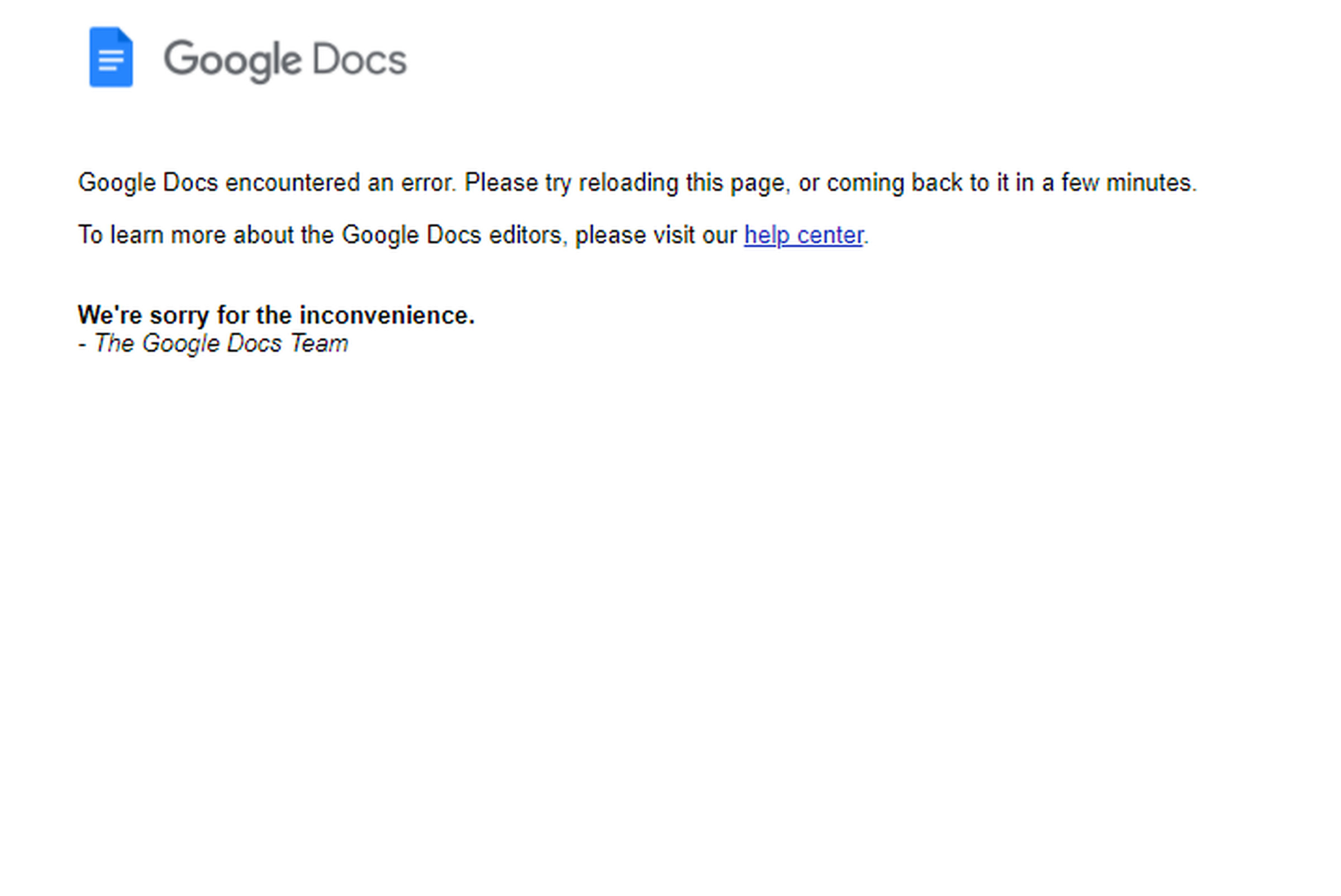 An error message appeared in Google Docs when users tried to create a new document.