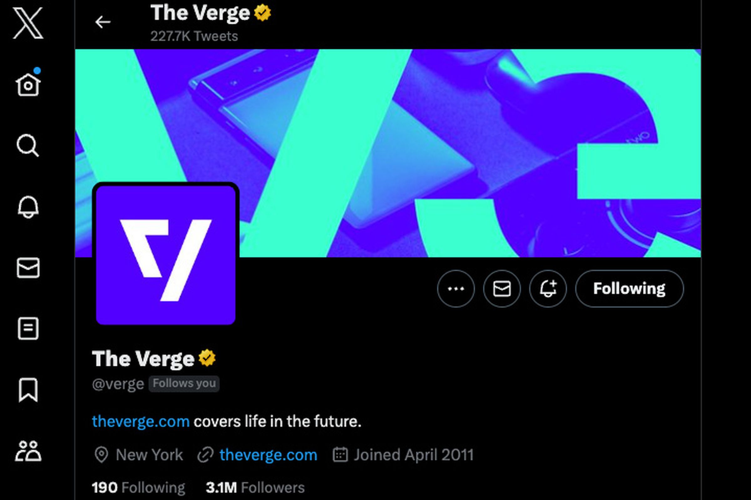 Screenshot of Verge’s Twitter / X profile showing the new logo.