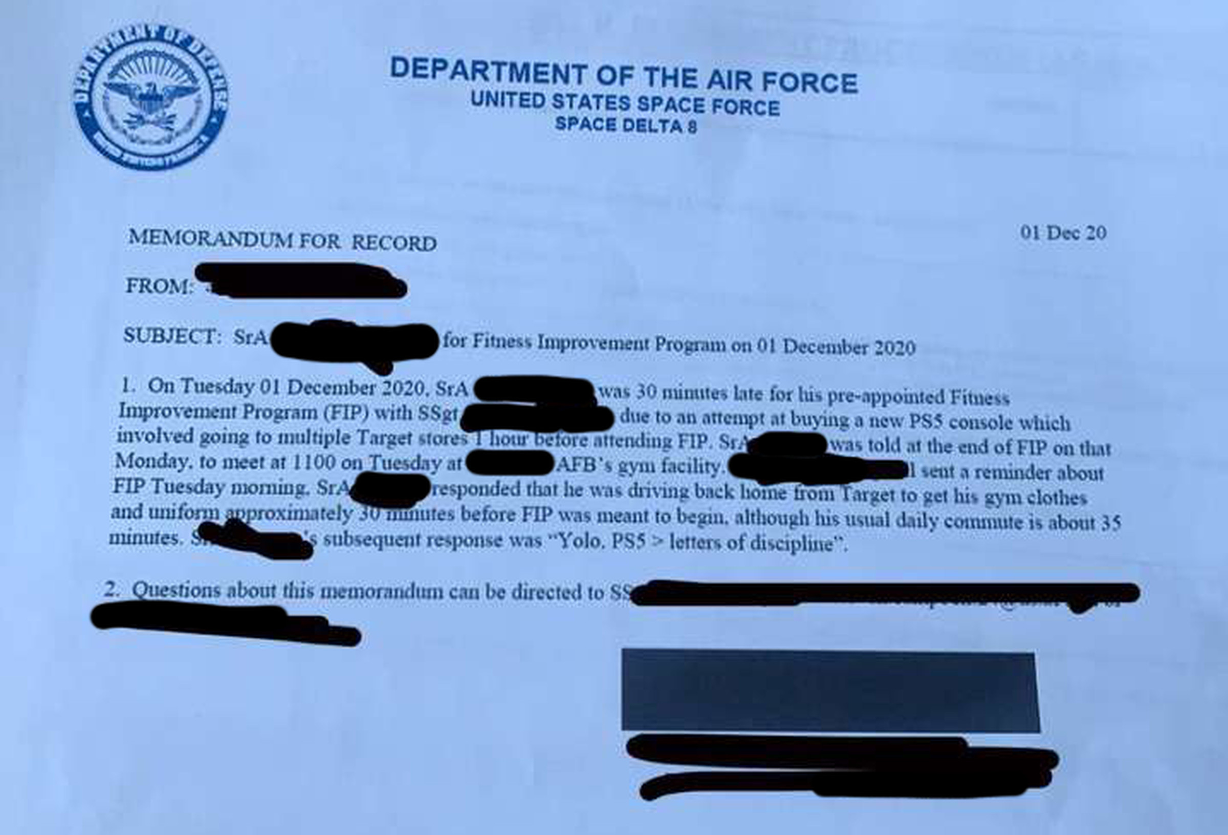 A letter of reprimand from the Space Force