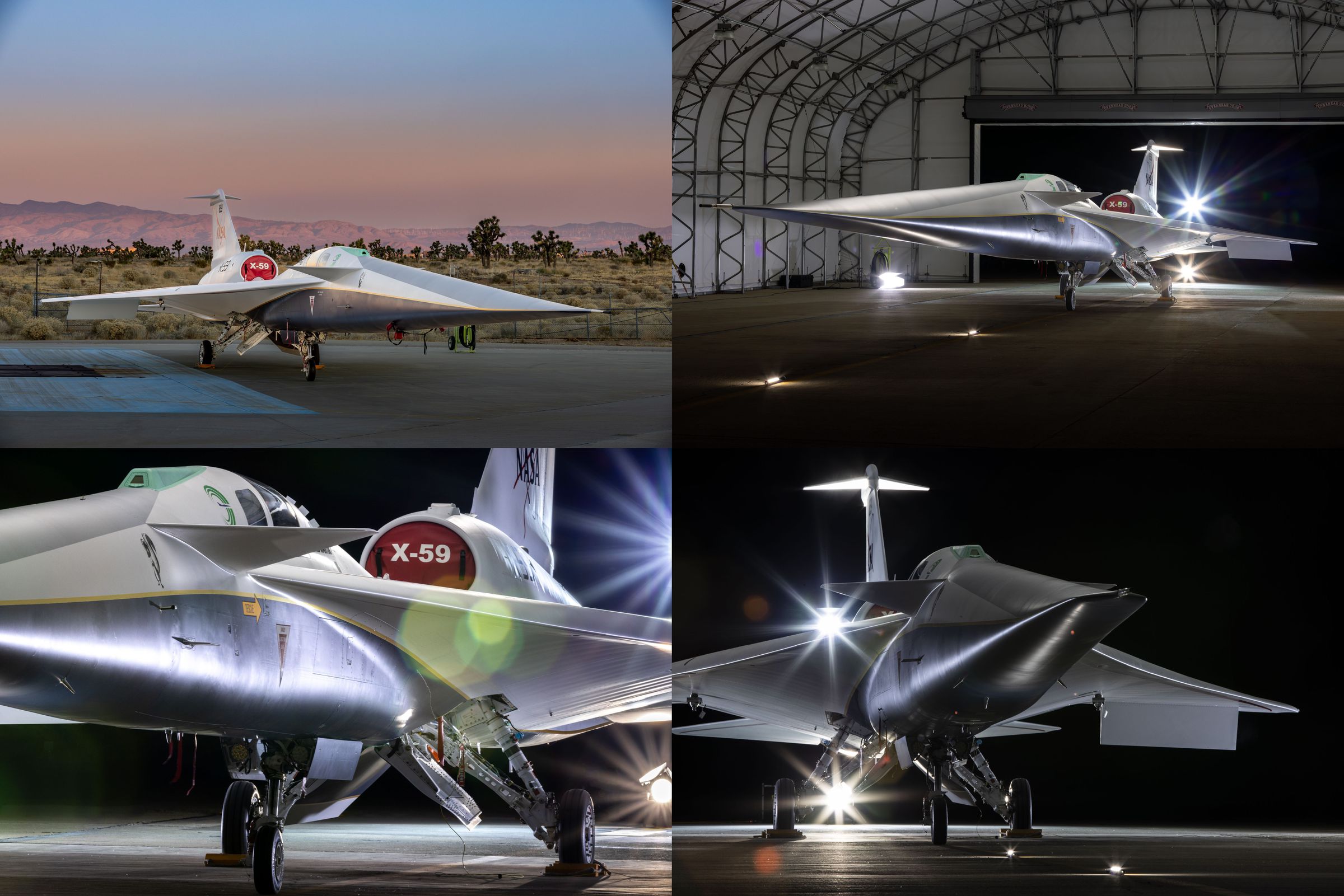 Four exterior shots of the X-59 experimental aircraft, showing a fighter-jet like shape with sharp angles.