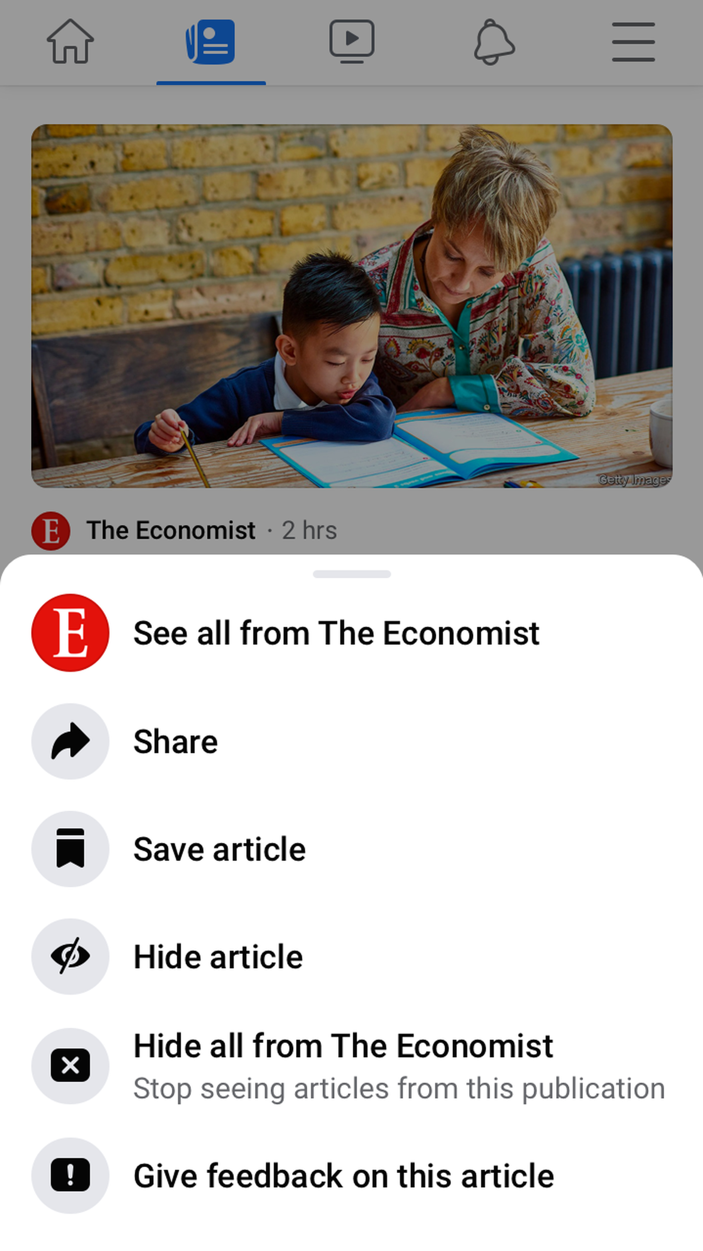 There are also controls to allow you to hide articles or publications from your feed.