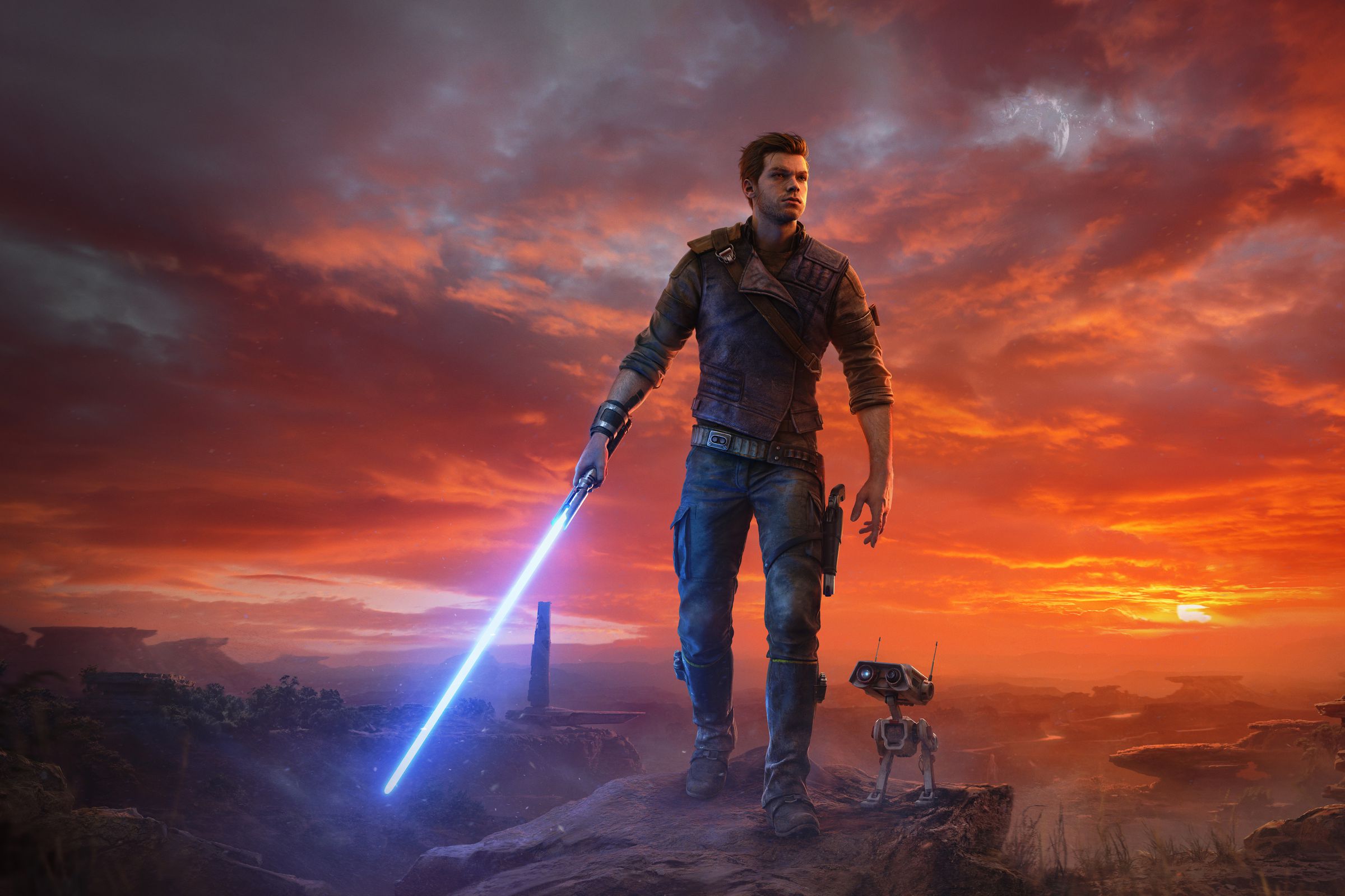 The cover art for Star Wars Jedi: Survivor, showing main character Cal Kestis and his droid, BD-1, in front of a desolate backdrop.