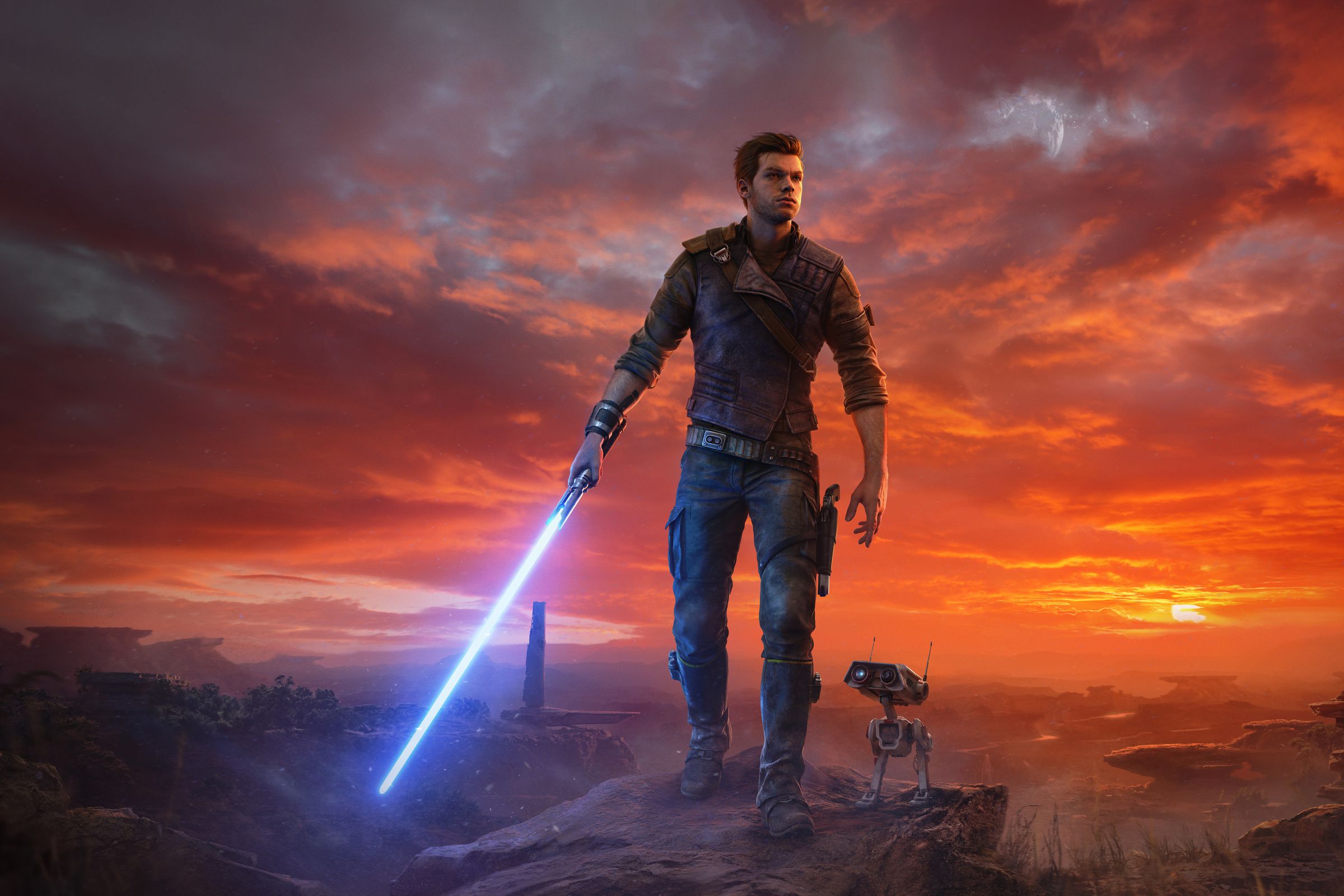 The cover art for Star Wars Jedi: Survivor, showing main character Cal Kestis and his droid, BD-1, in front of a desolate backdrop.