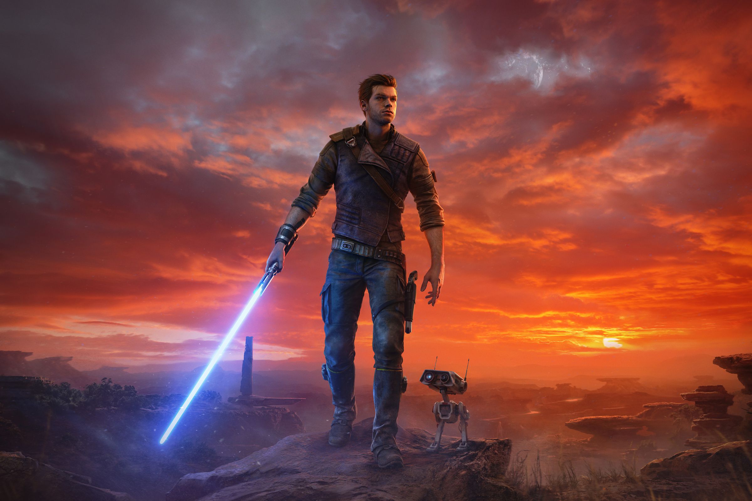 A imagem da capa de Star Wars Jedi: Survivor, mostrando o personagem principal Cal Kestis e seu andróide, BD-1, contra um fundo desolado.