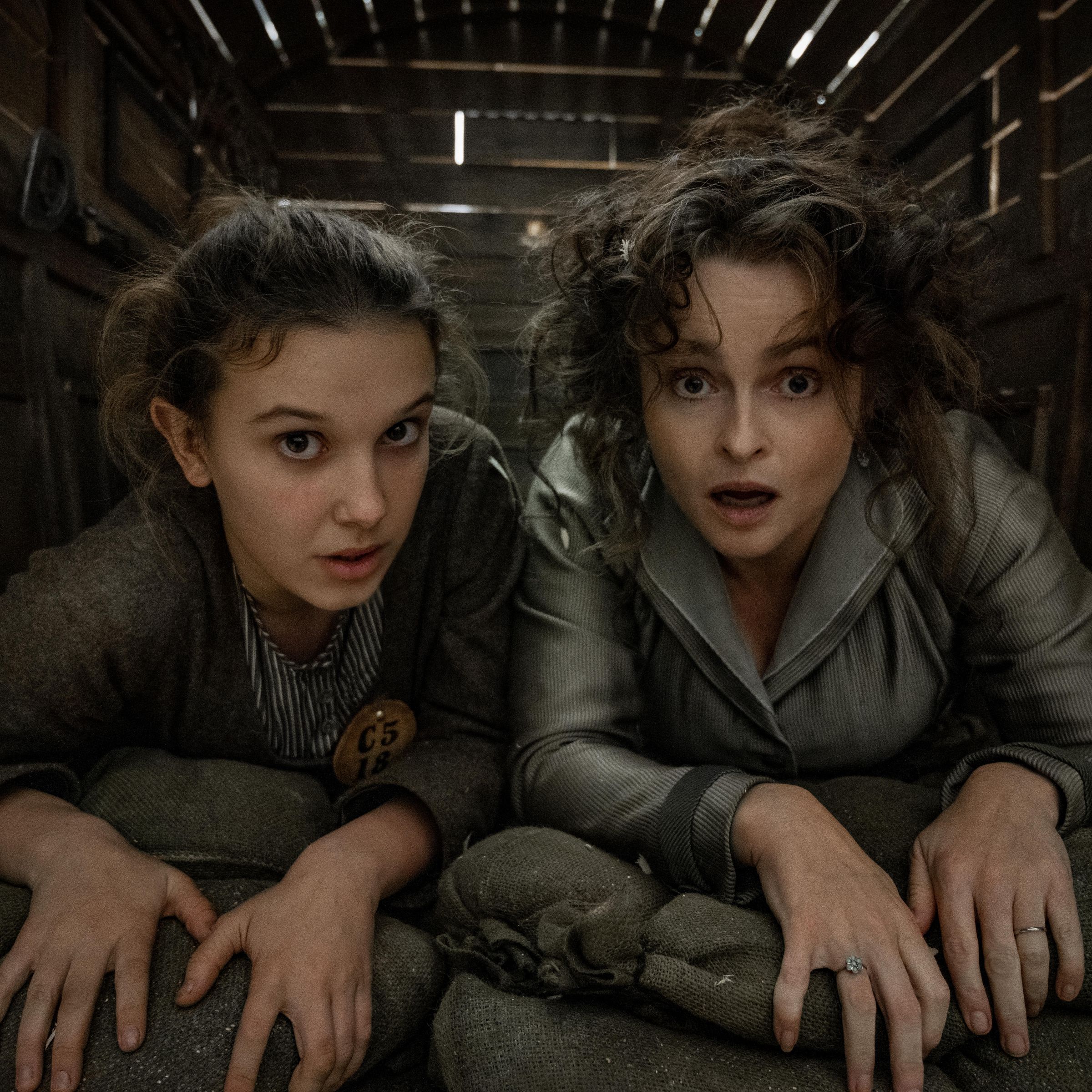 A photo of Millie Bobby Brown and Helena Bonham Carter in Enola Holmes 2.