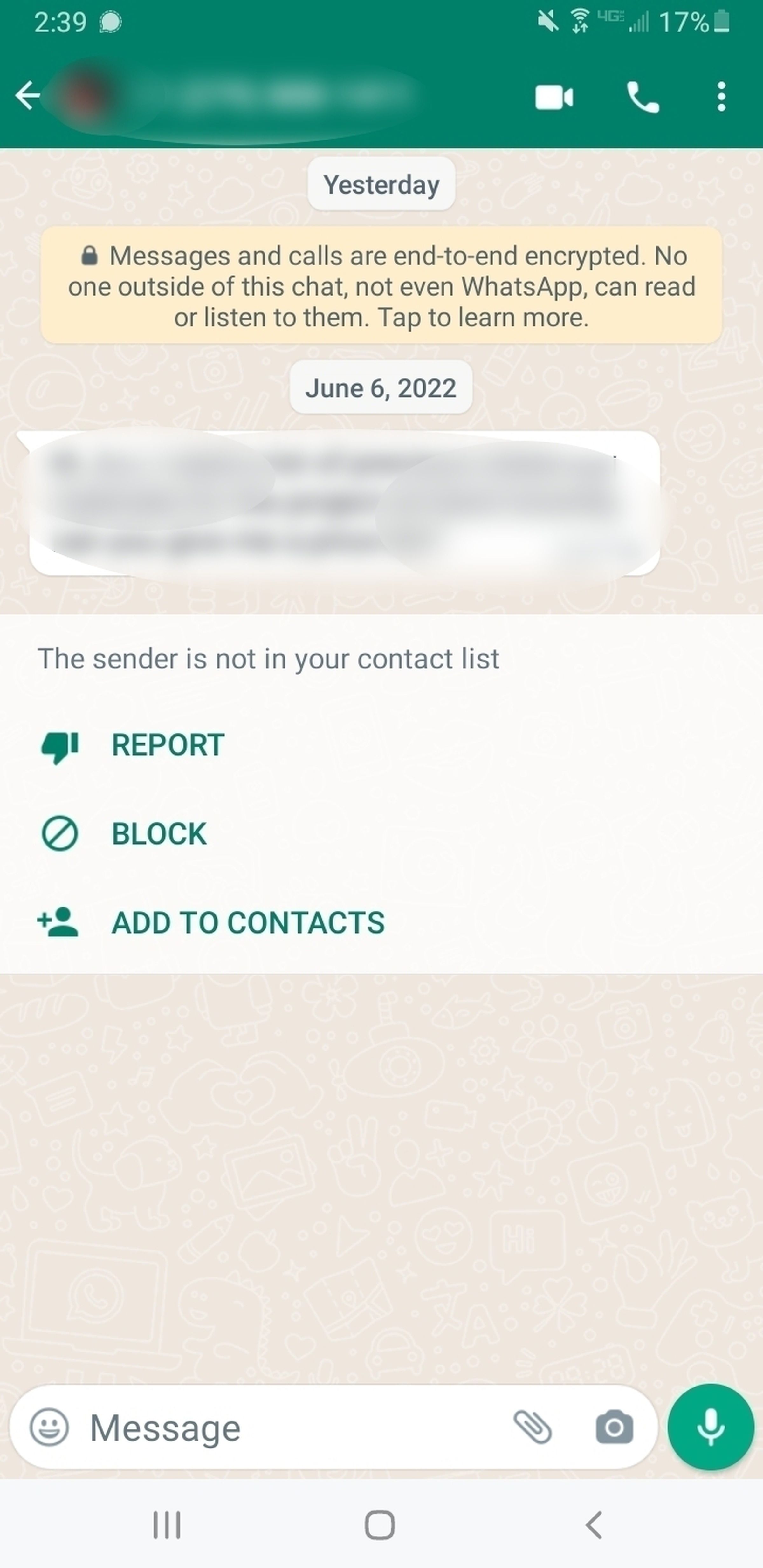 WhatsApp will warn you if you receive a message from someone not on your contacts list.