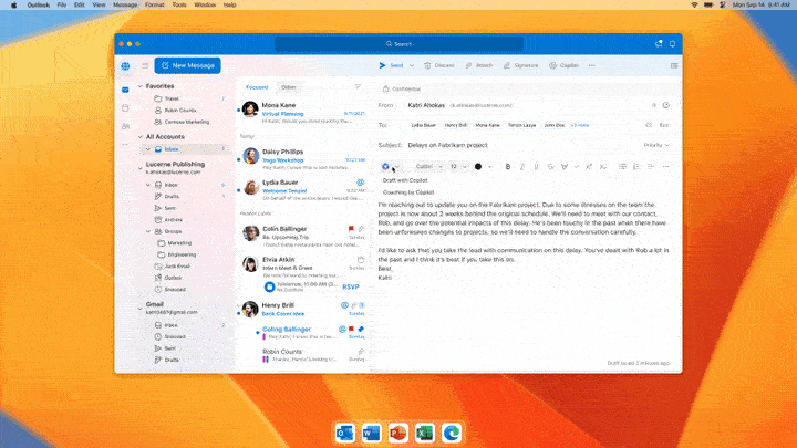 A gif displaying Microsoft’s 365 Copilot in Outlook helping to guide the tone of sensitive emails.