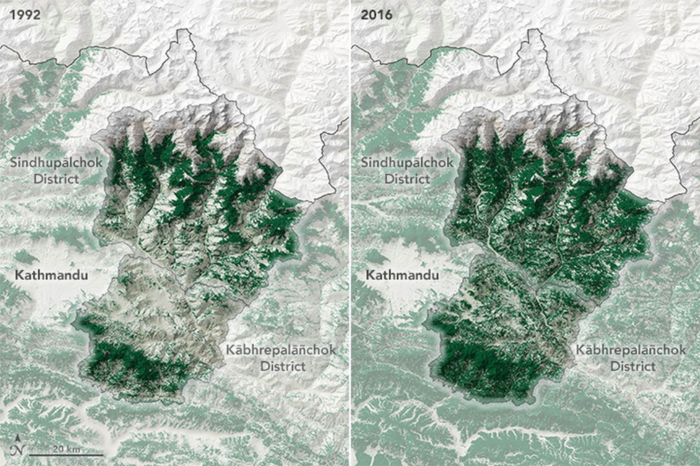 One map on the left shows a region spotted with green, indicating dwindling forest cover in 1992. A map on the right shows the area colored in with much more dark green, indicating increased forest cover in 2016.
