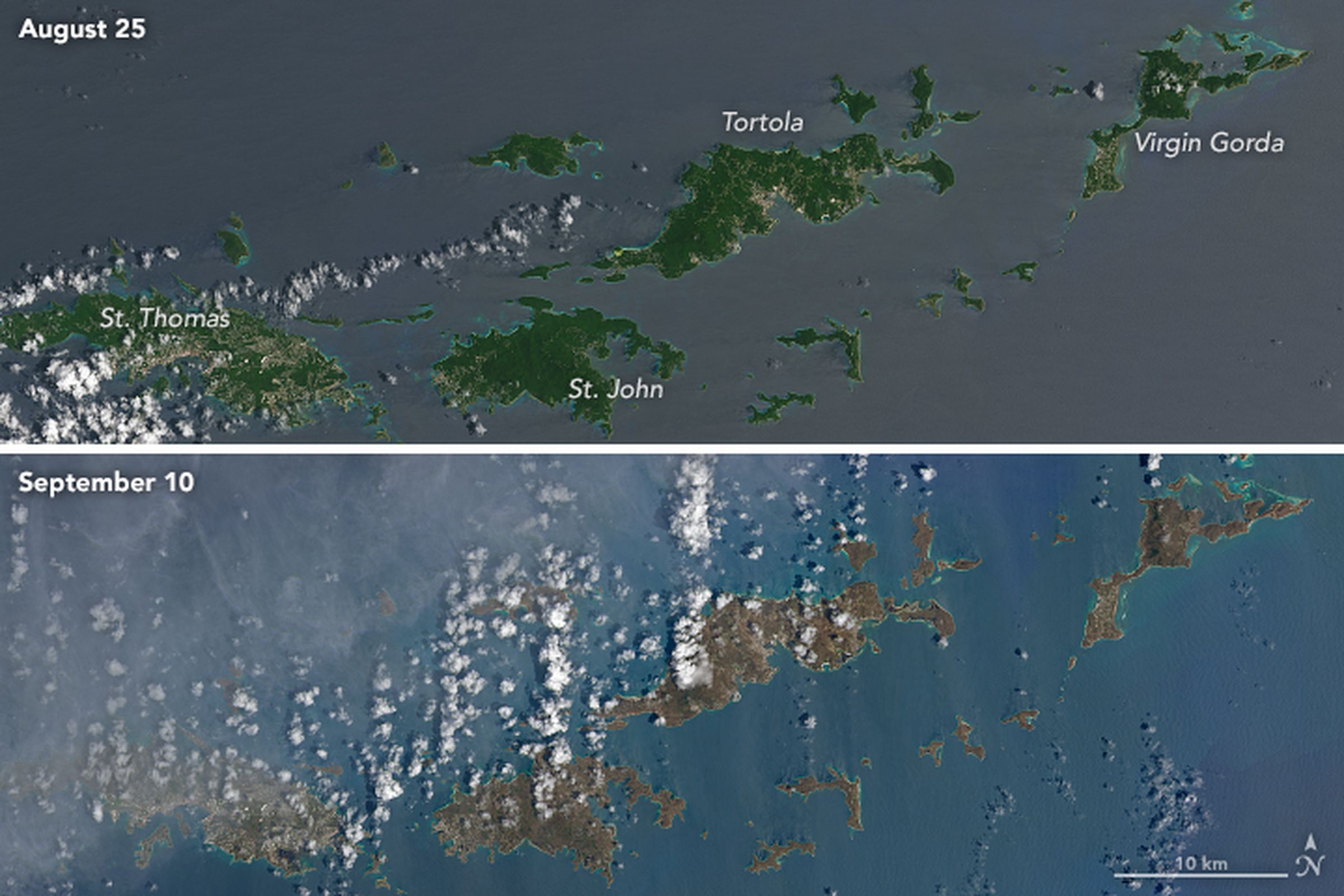 The Virgin Islands before and after Hurricane Irma hit. 