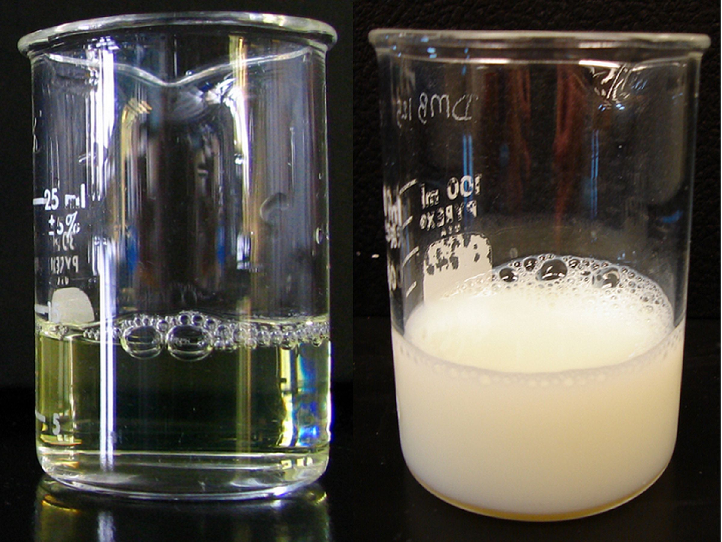 Left, green casein-free skim milk, also known as permeate. Right, regular skim milk. 