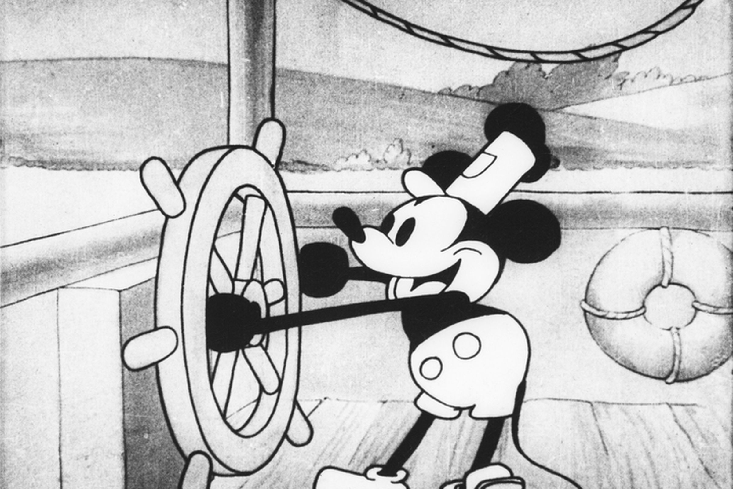 A screenshot of Mickey Mouse in Steamboat Willie from 1928.