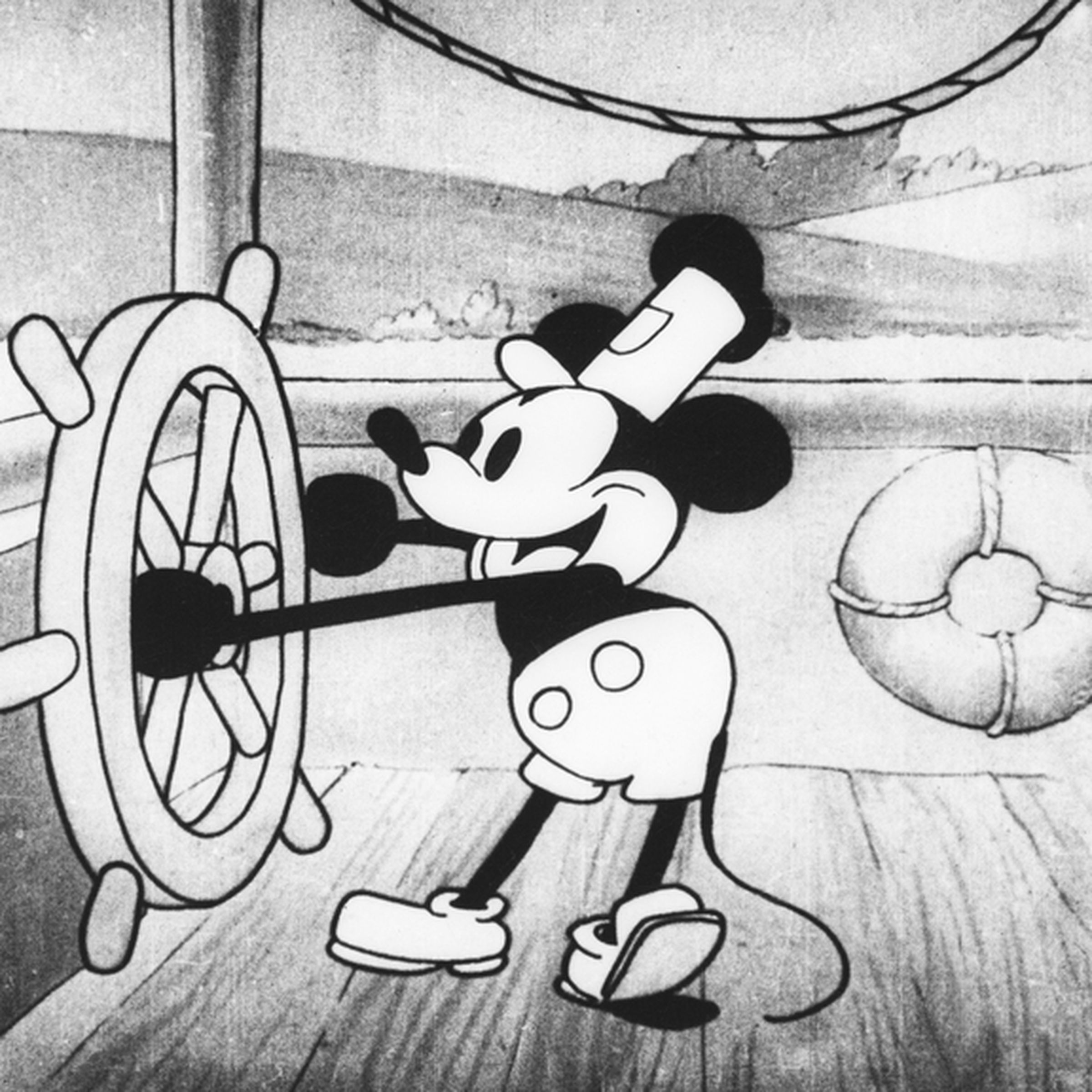 A screenshot of Mickey Mouse in Steamboat Willie from 1928.