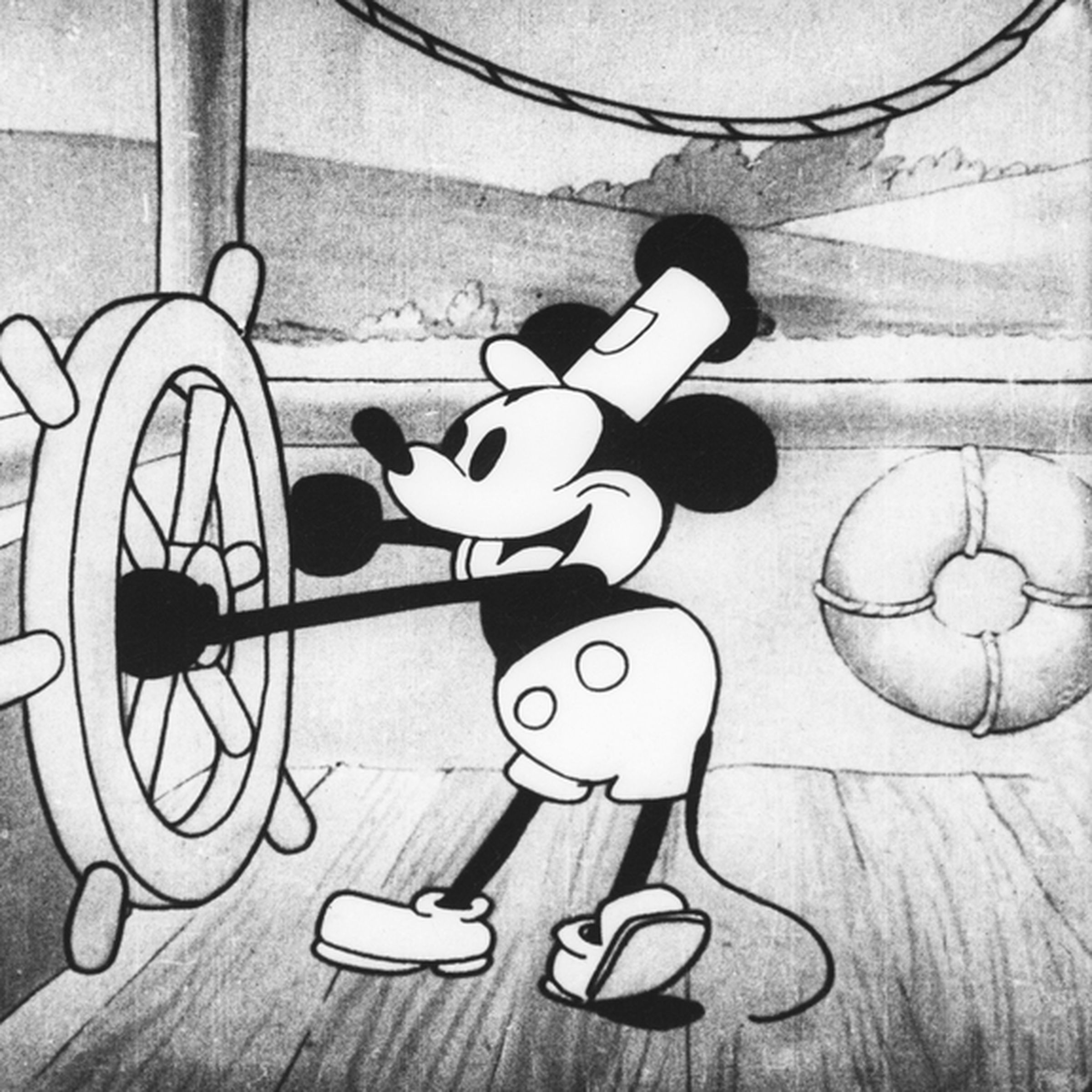 A screenshot of Mickey Mouse in Steamboat Willie from 1928.