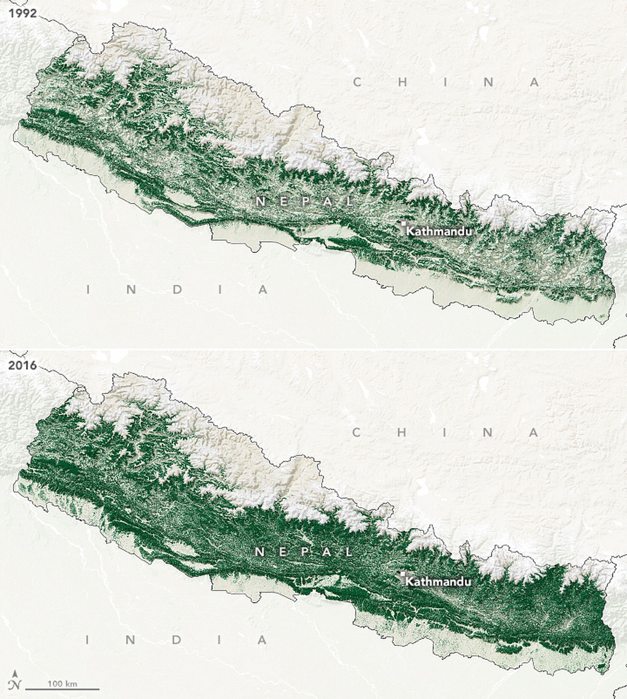 A map at the top shows Nepal shaded in light green, indicating little forest in 1992.  A map below shows the land colored dark green, indicating more forest in 2016.