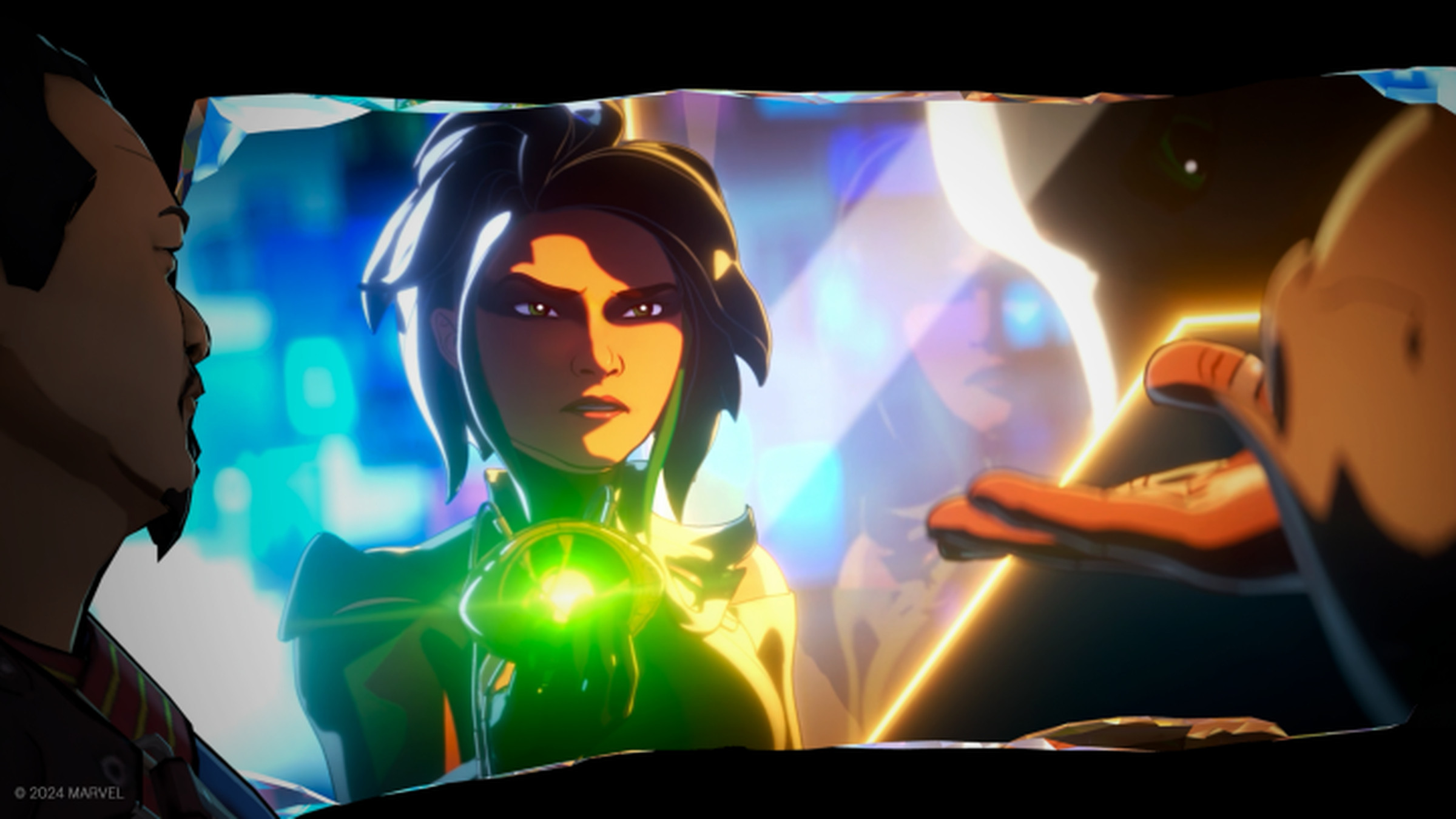 An image from the new series, showing a person holding a green Infinity Stone, while an outstretched hand reaches for it from the foreground.