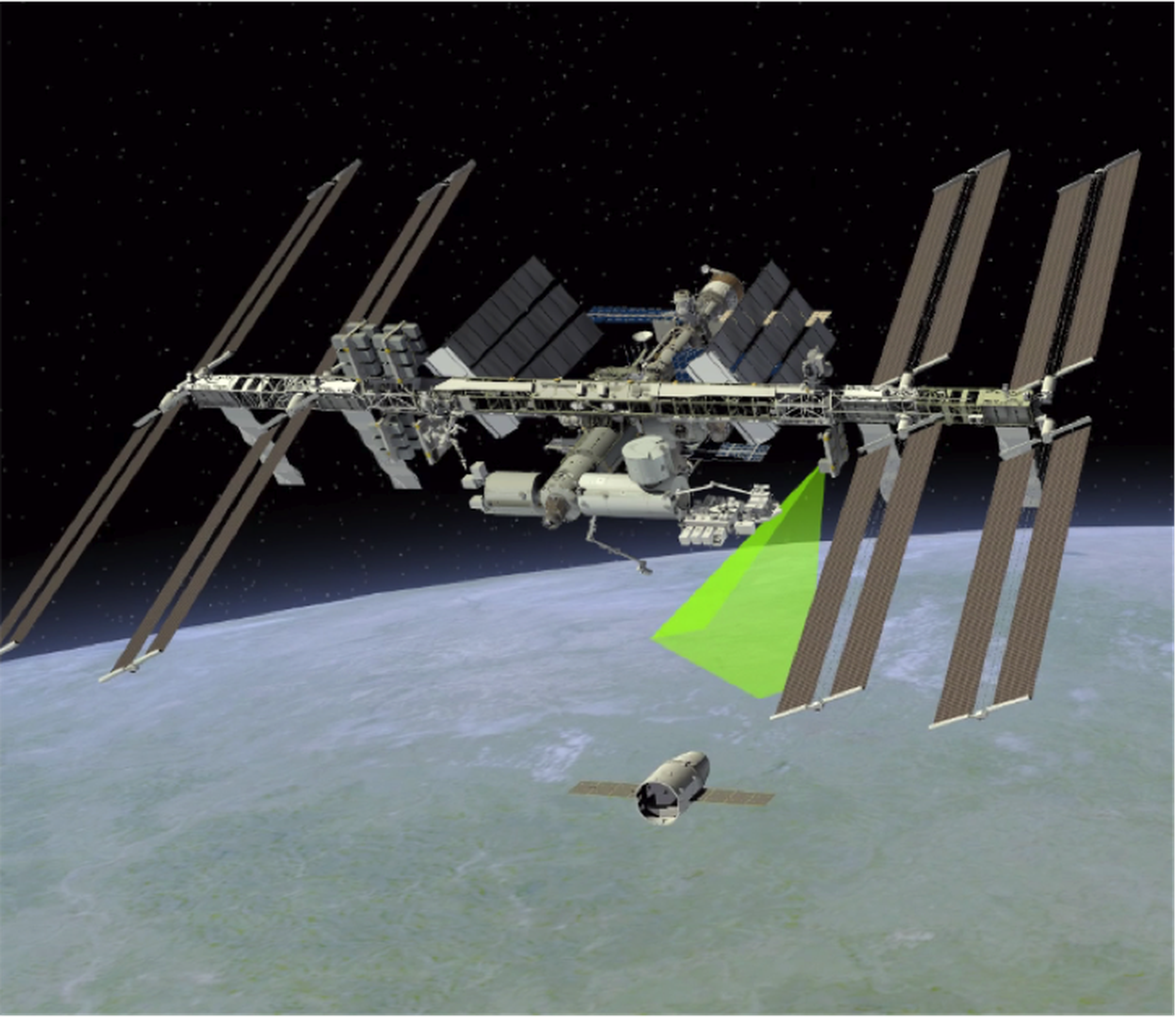 A rendering of the Raven module tracking an incoming vehicle at the International Space Station.