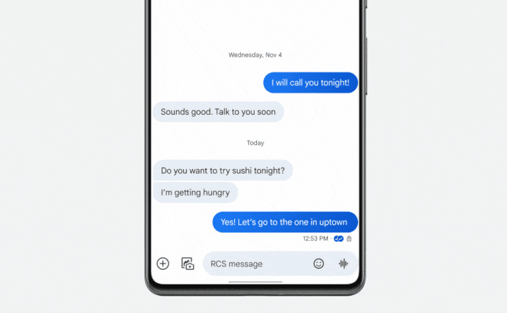 Animated GIF showing a Google Messages conversation with a voice message using the new moods feature that adds emoji and other visual effects to the message.