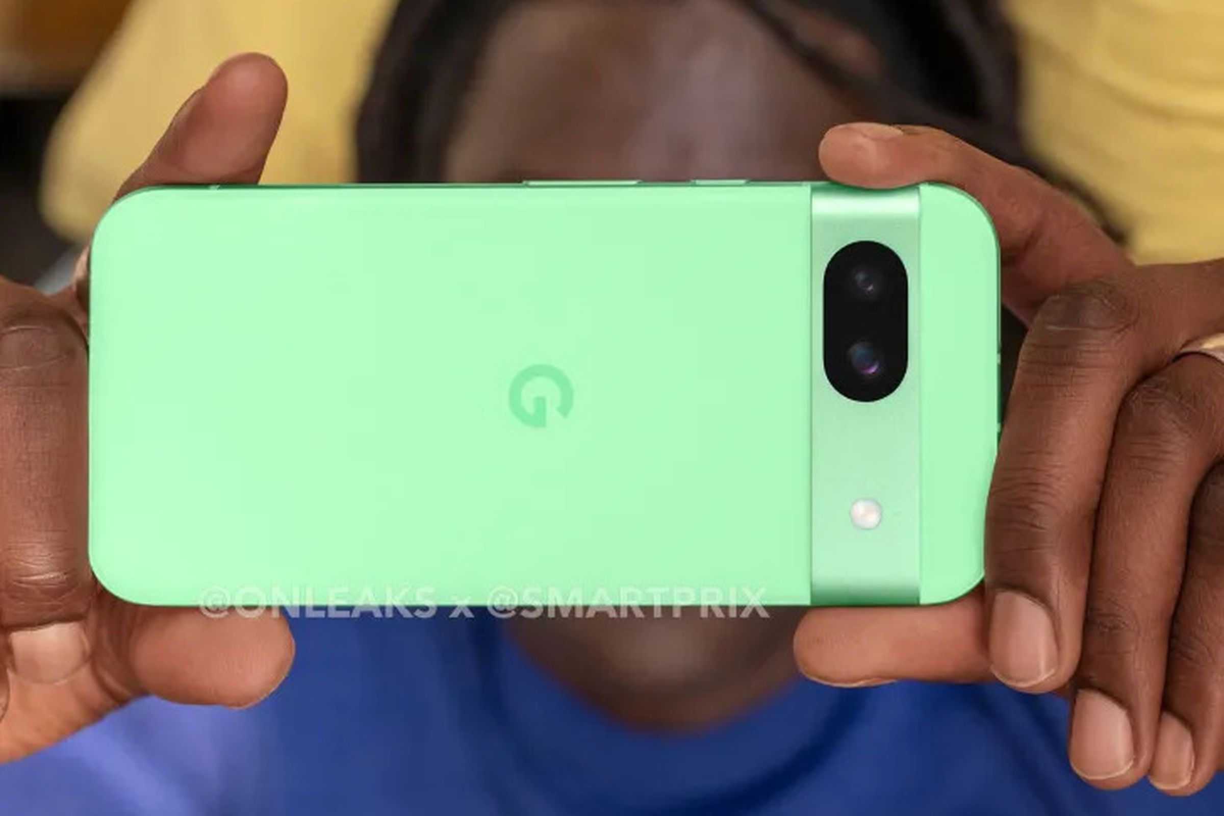 A leaked image showing someone holding a green Pixel 8A