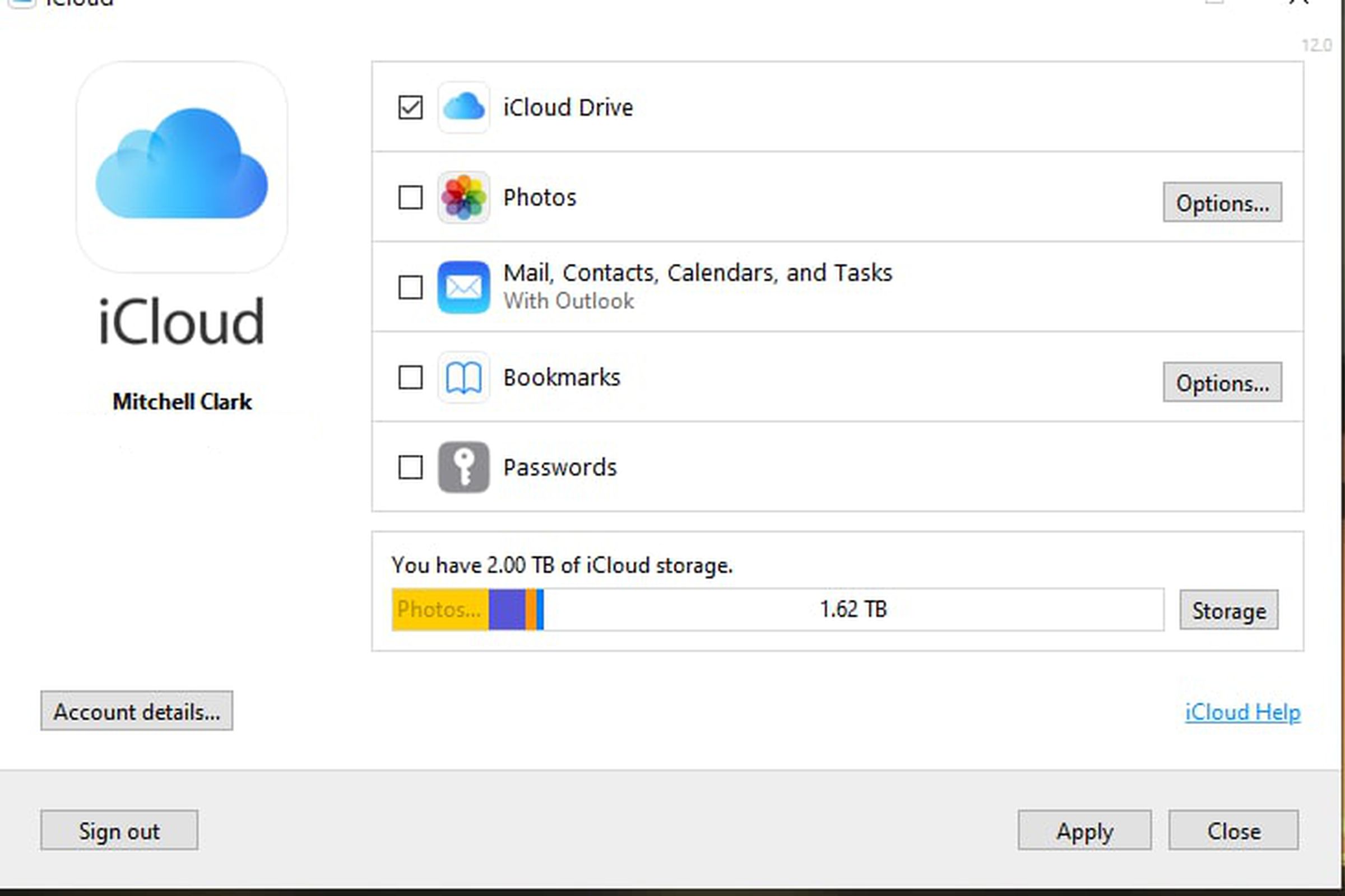 Image of the iCloud for Windows screen, with the new Passwords option