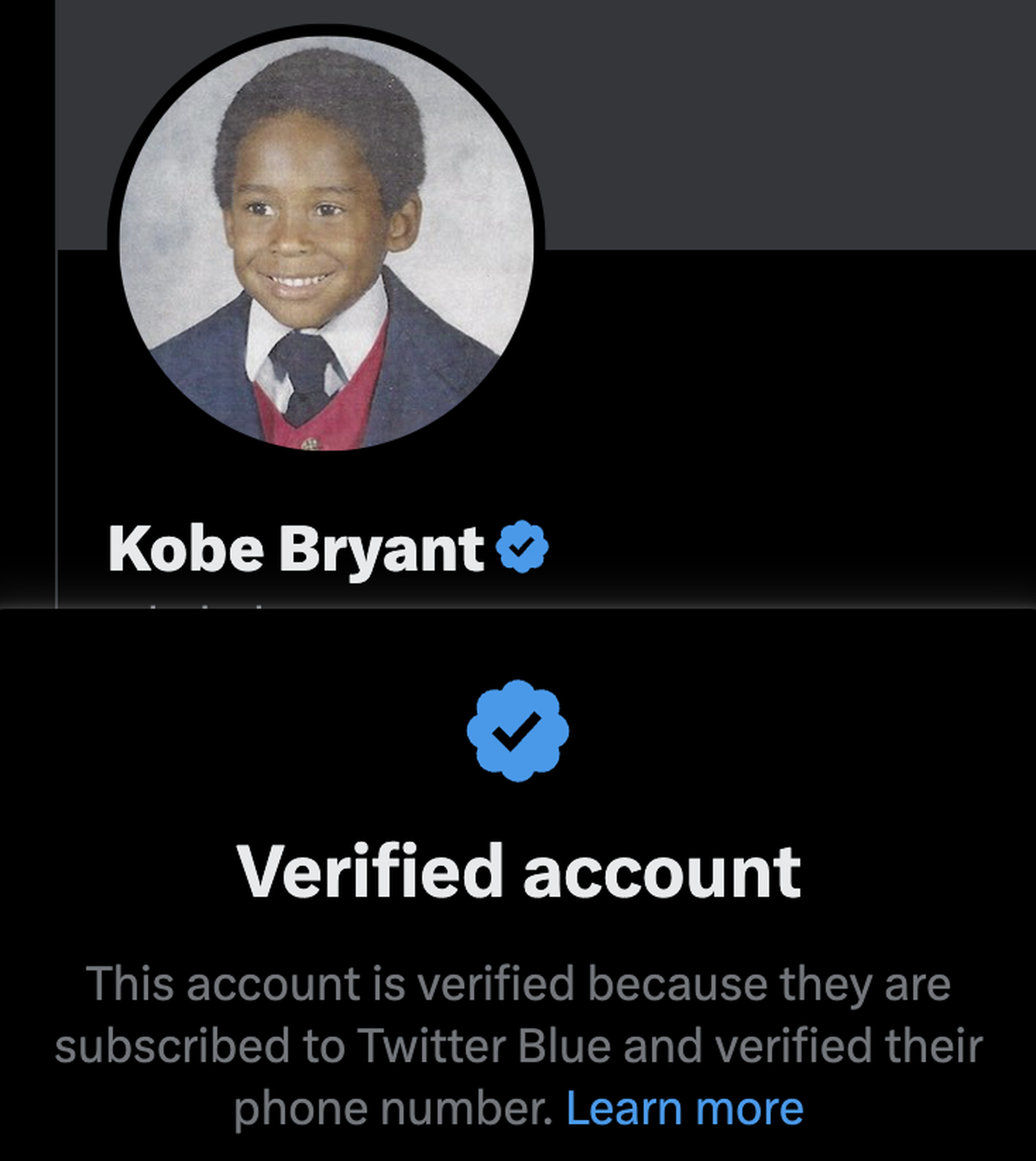 A screenshot of the Twitter profile page for Kobe Bryant showing his blue tick and status as a “verified account.”