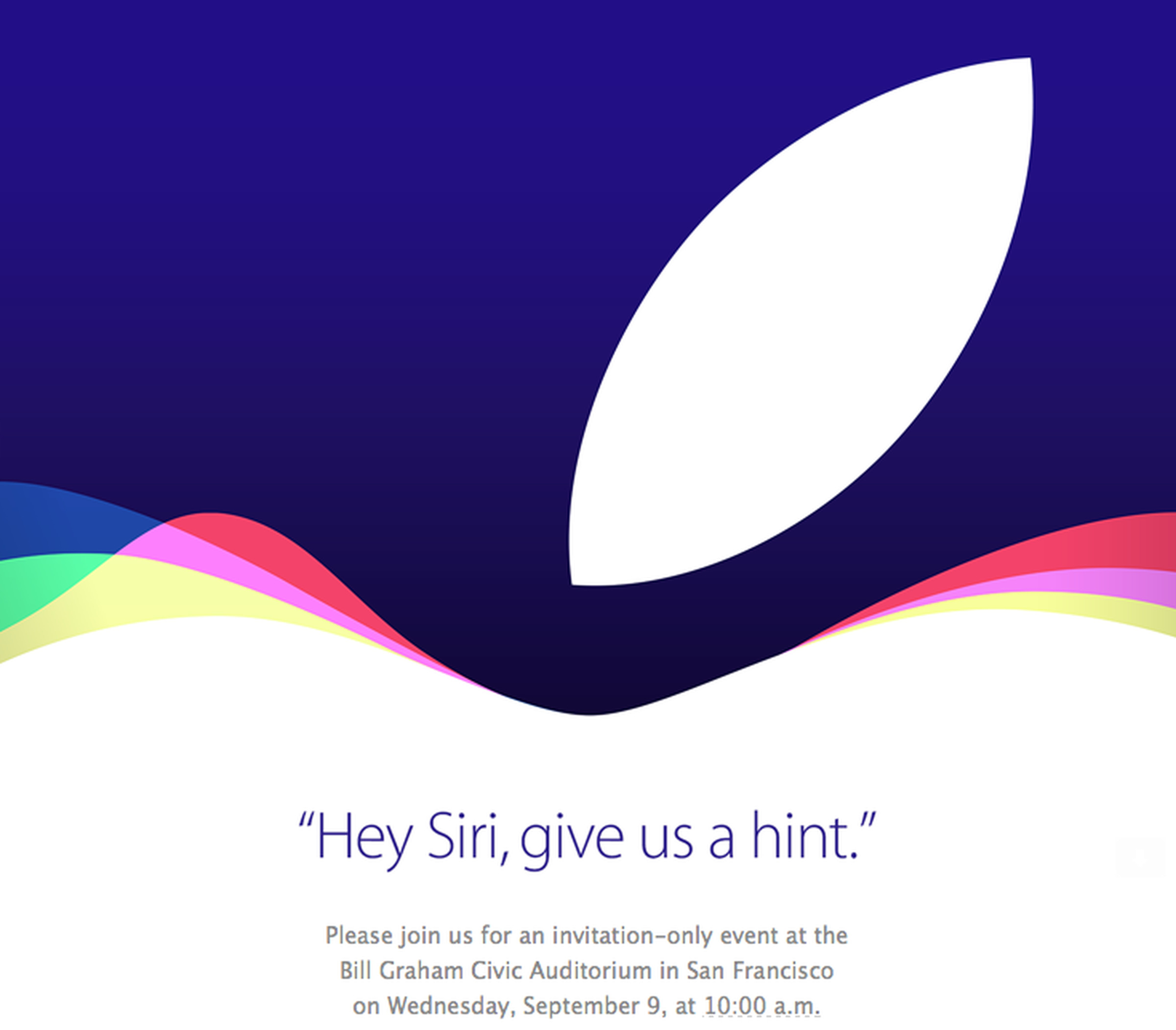 An Apple logo with a colorful waveform rising off the top edge of the Apple. Text beneath it reads “Hey Siri, give us a hint.”