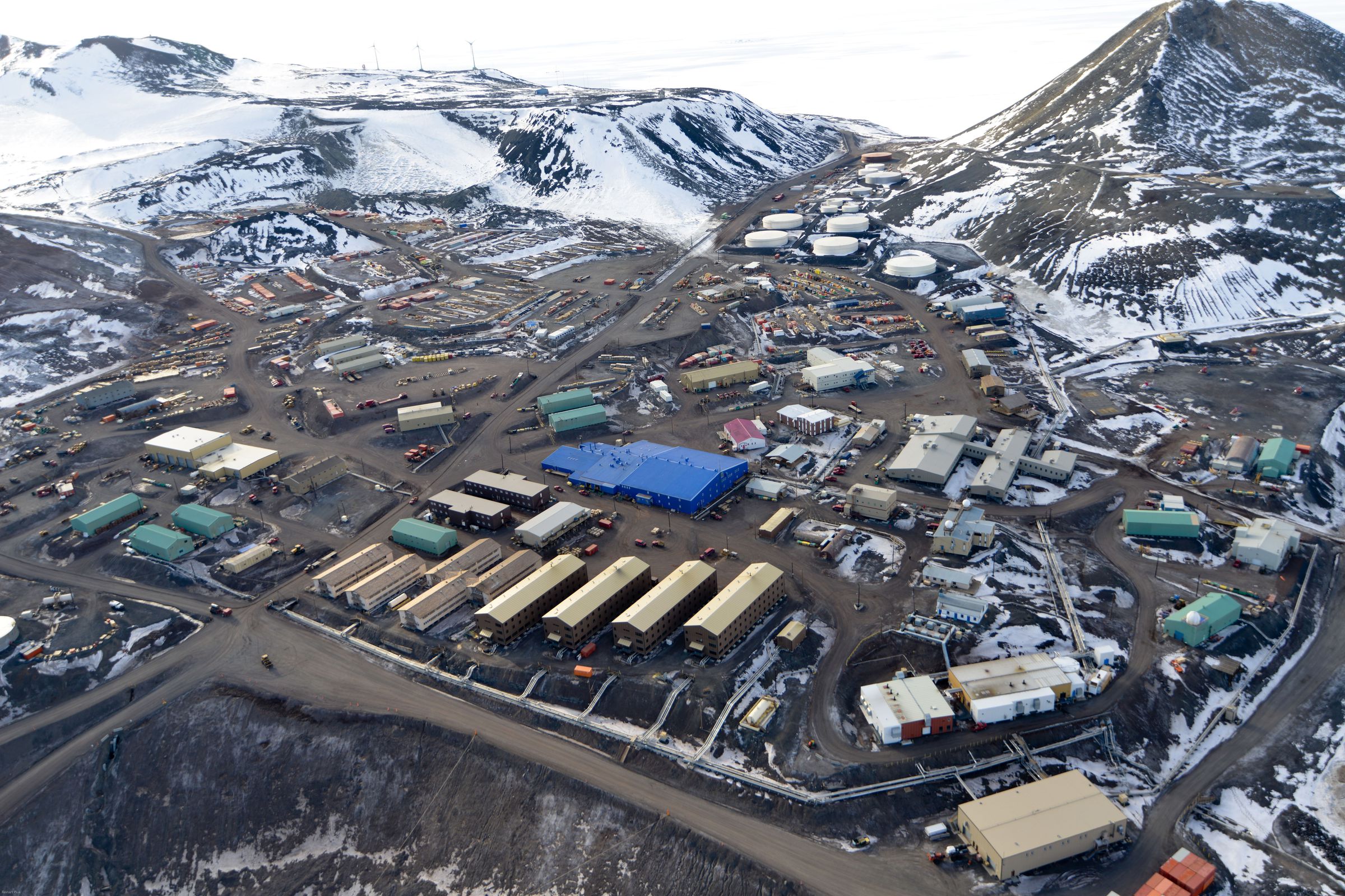Overhead photo showing McMurdo Station in Antarctica