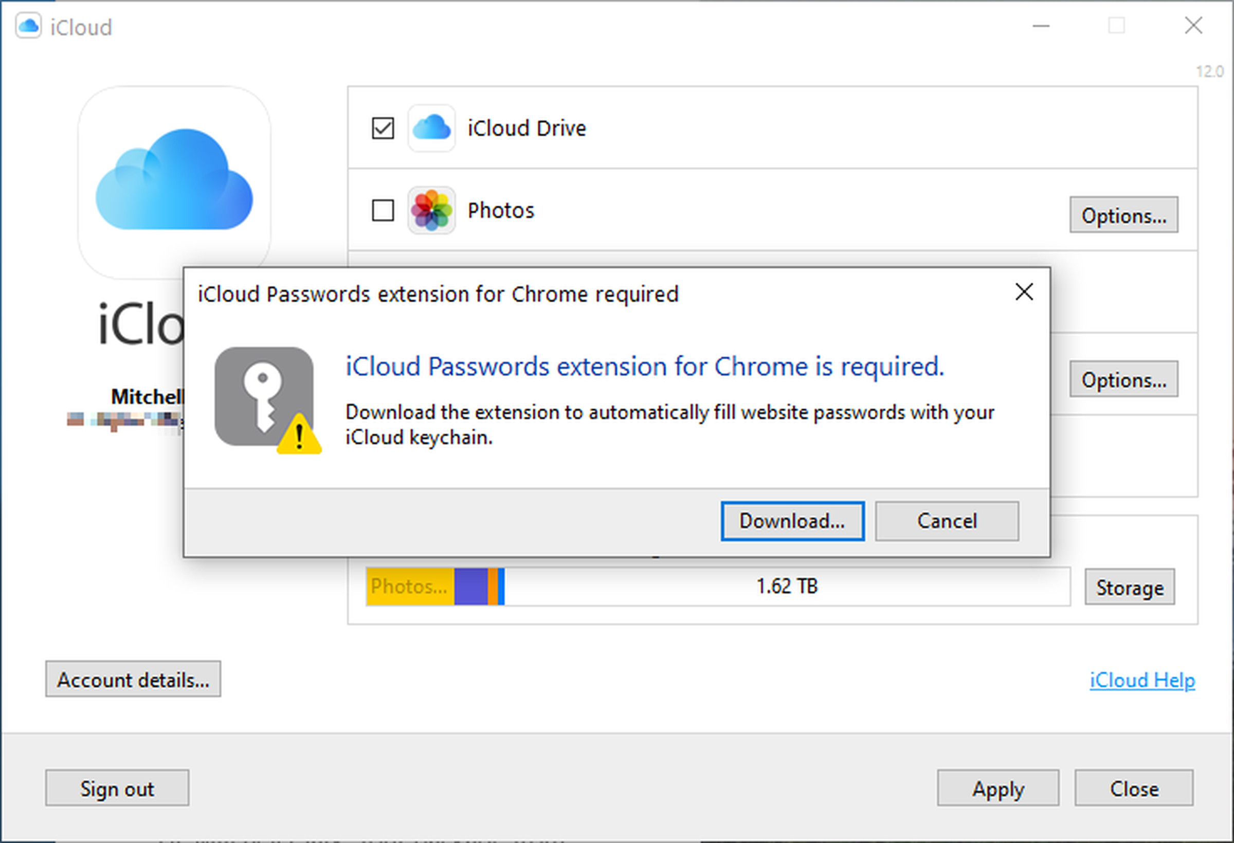 Windows dialog box informing the user that they have to download the iCloud Passwords extension