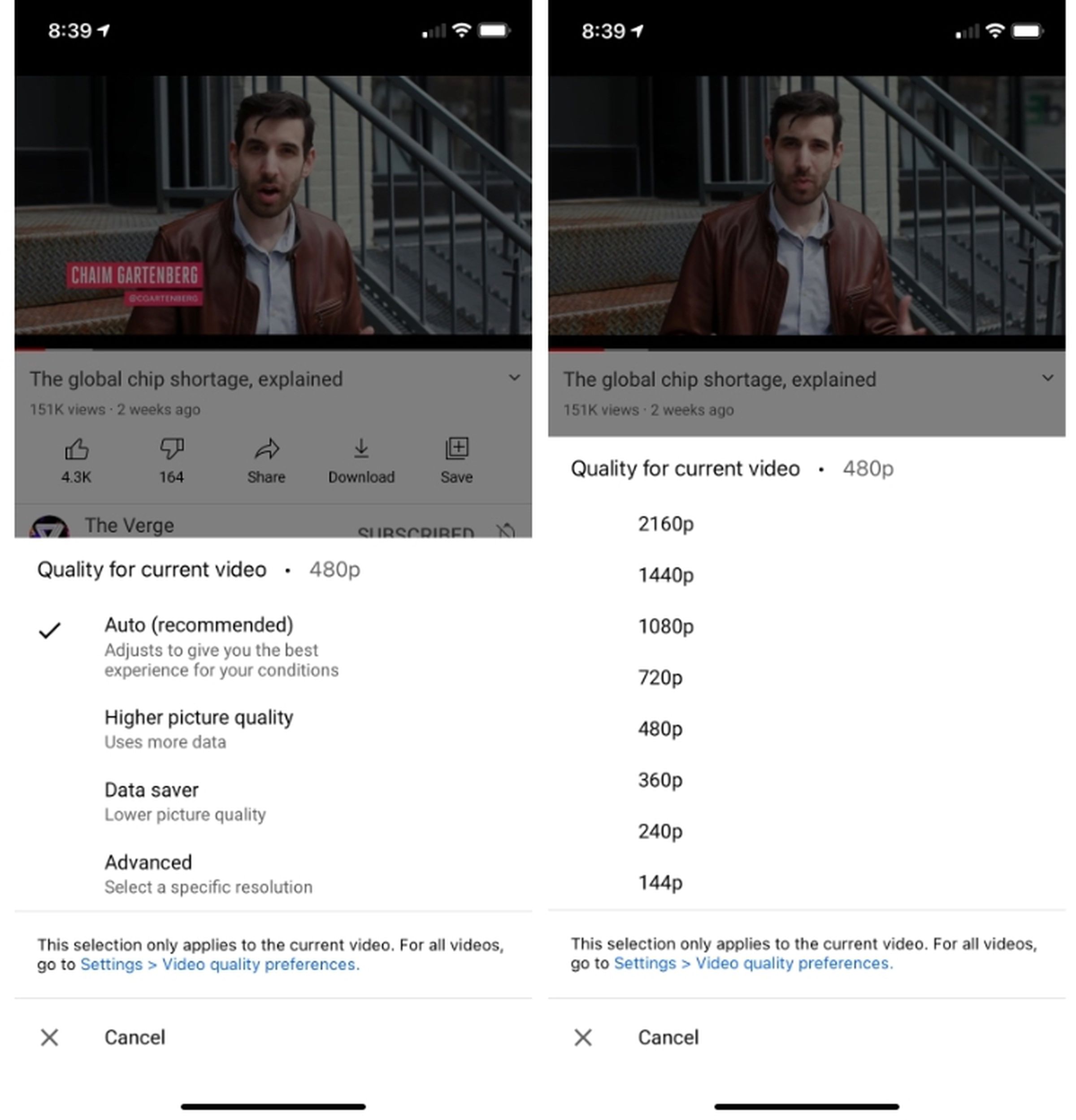 YouTube’s new video settings include options for “higher picture quality” and “data saver.”
