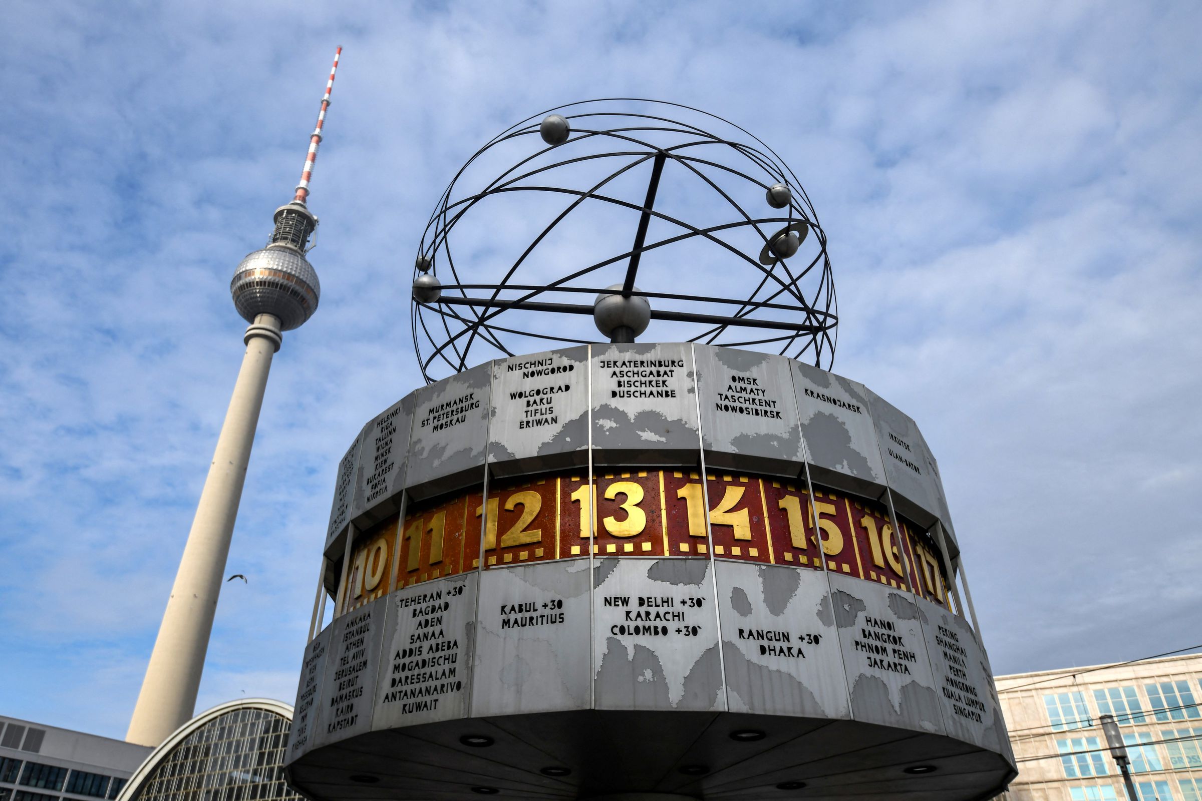 A photo taken on October 19th, 2021, shows the landmark Television Tower (Fernsehturm, L) and the World Time Clock (Weltzeituhr) in Berlin.