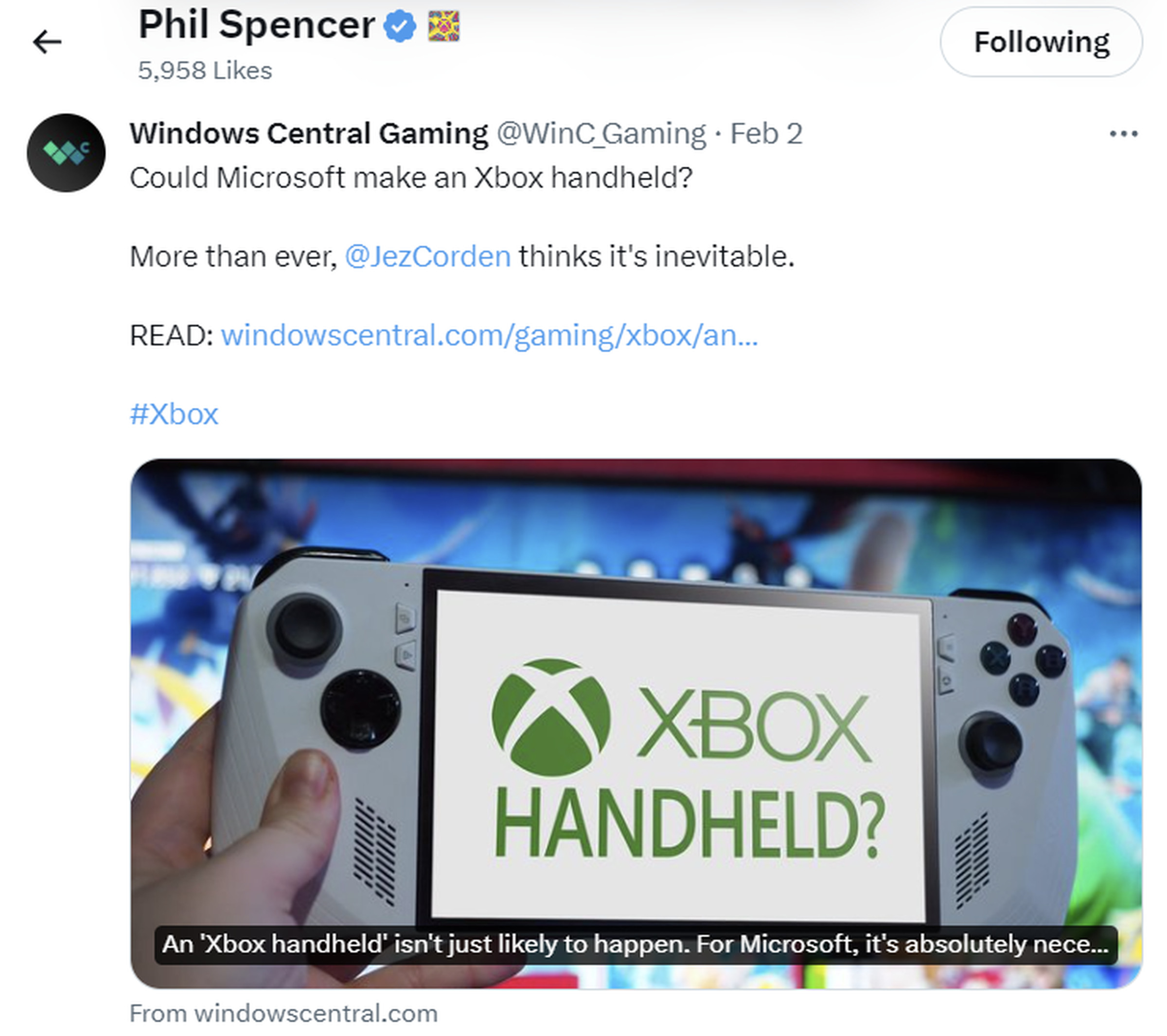 Phil Spencer liked a post on X about an Xbox handheld.