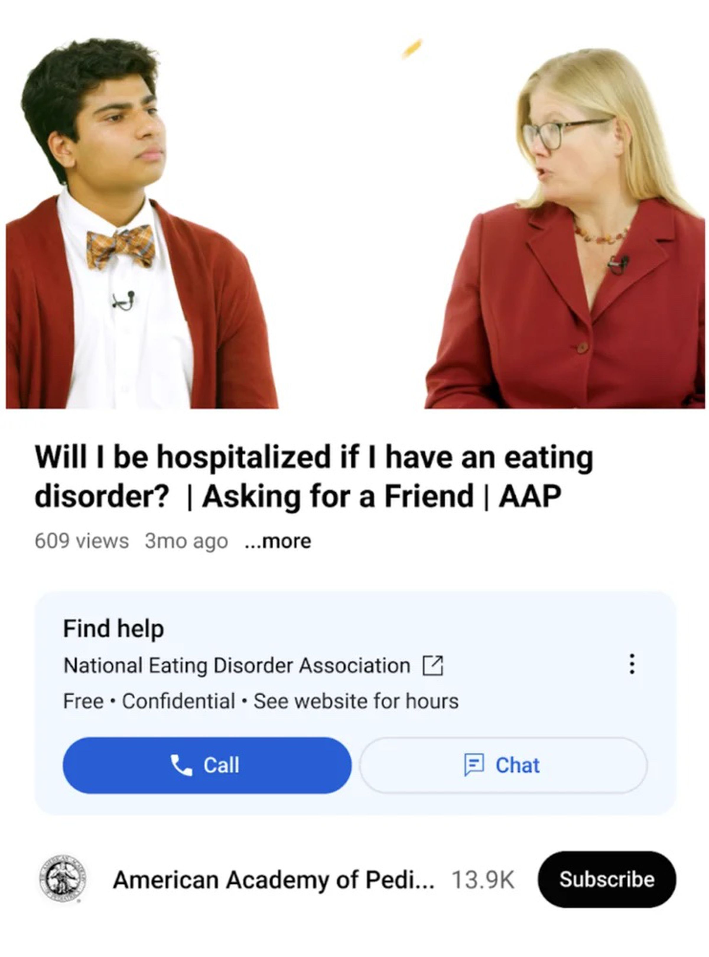 A YouTube video titled, “Will I be hospitalized if I have an eating disorder? | Asking for a friend | AAP” with a resource pop-up below.