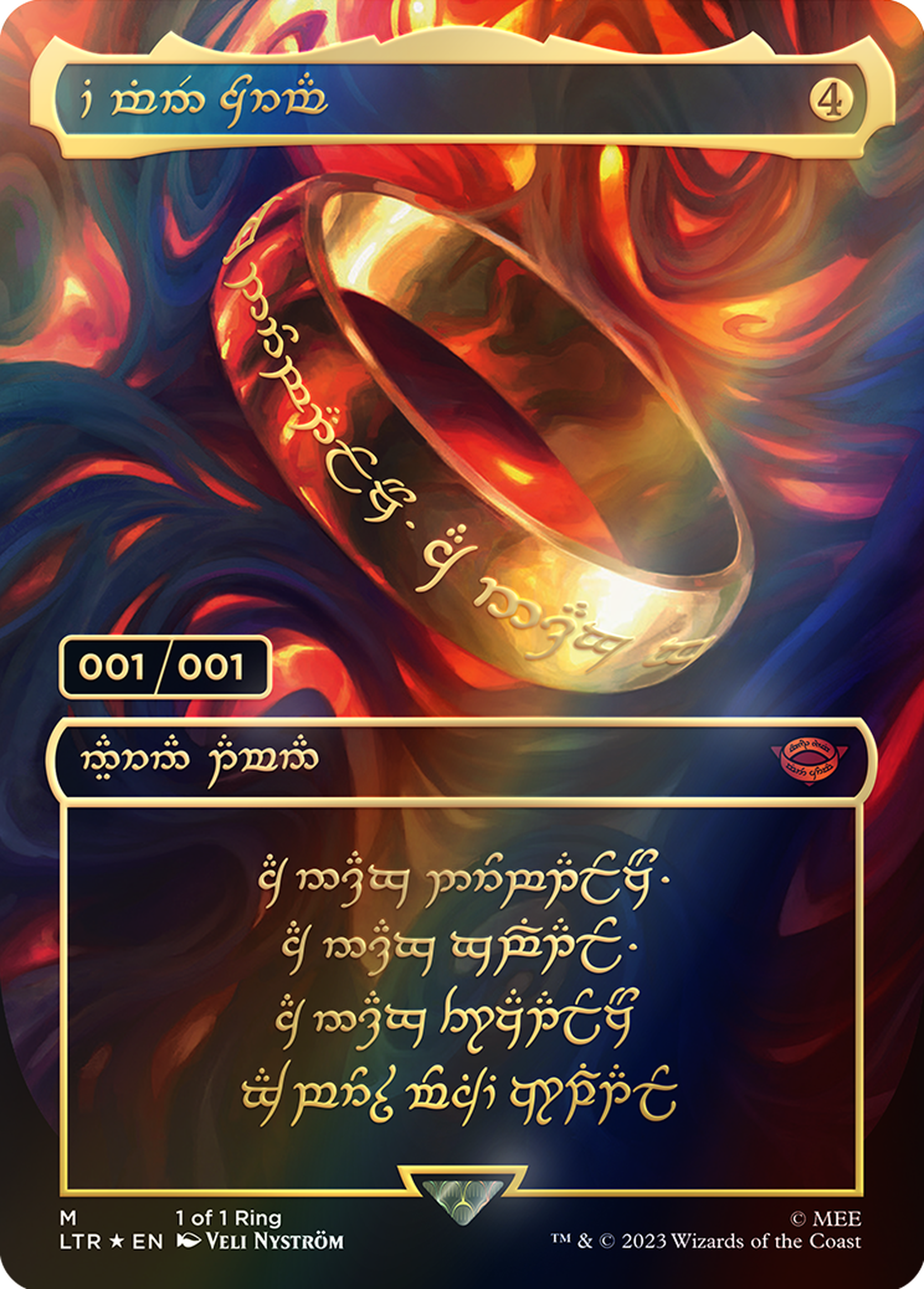 Image of Magic the Gathering card The One Ring featuring a golden ring on a black and red background with card text written in Elvish script.