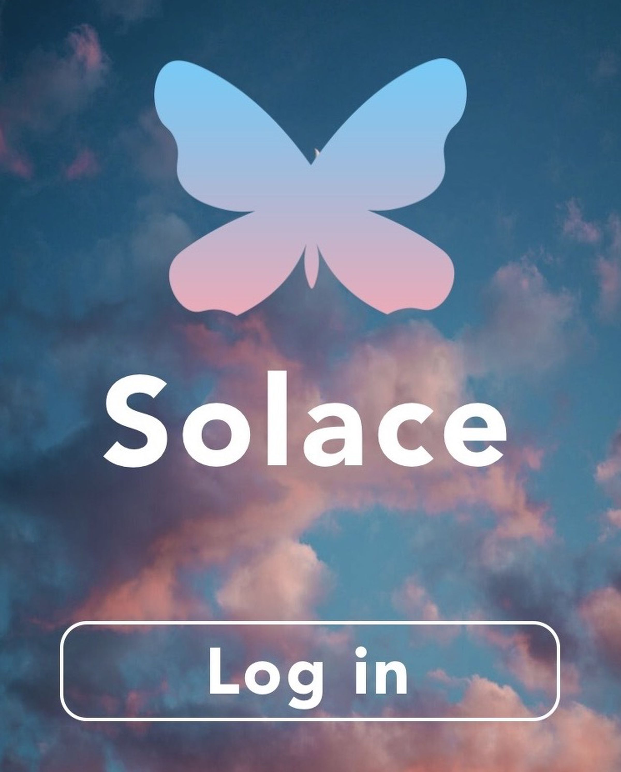 A butterfly logo with a blue to pink gradient above the word Solace and a log in button. The background is a blue sky with pink clouds.