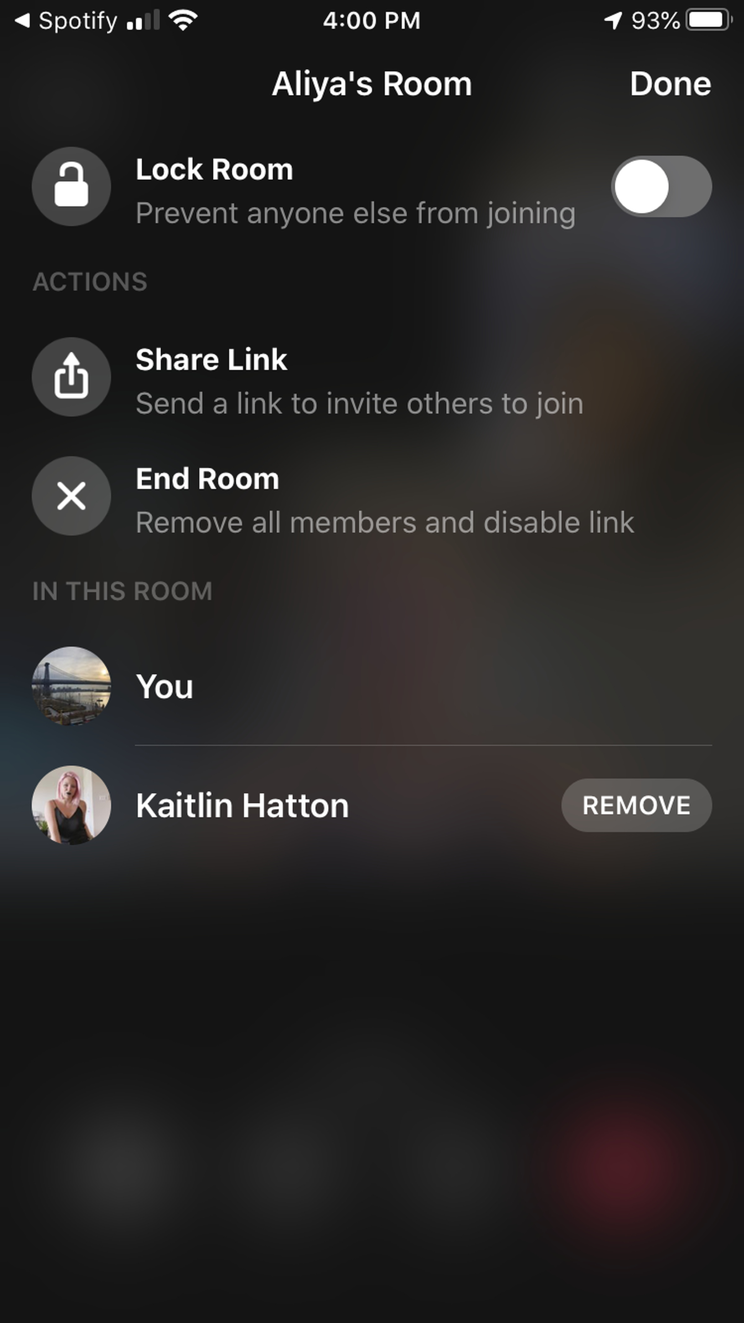 You’ll see options allowing you to lock the room, share the link for the room, and end the room. At the bottom, you’ll see who’s on the call, with a “Remove” button next to the other participants.